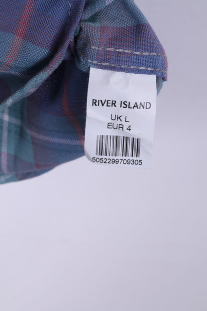 River Island Mens L (M) Casual Shirt Check Blue Short Sleeve Summer Top Snaps