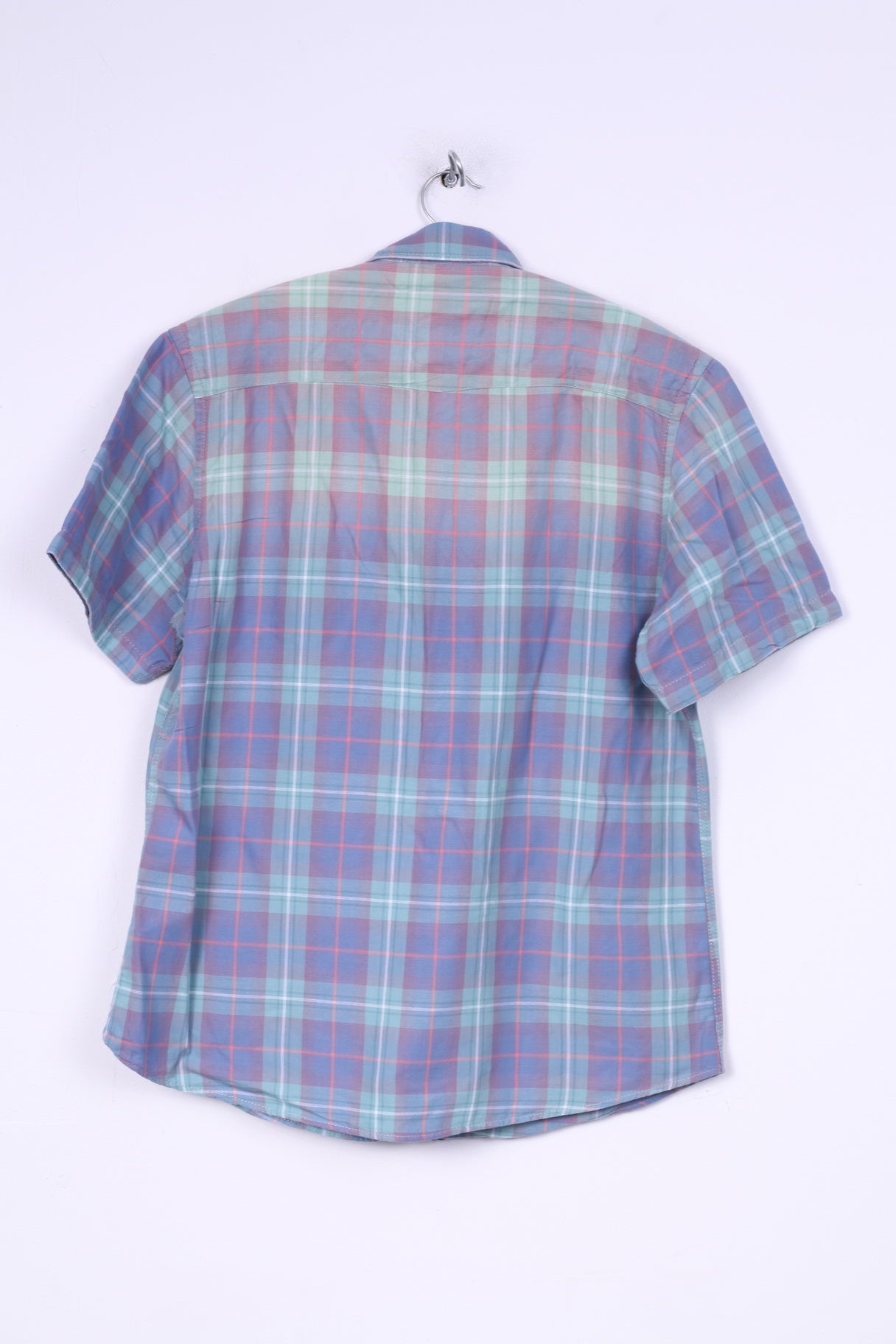 River Island Mens L (M) Casual Shirt Check Blue Short Sleeve Summer Top Snaps