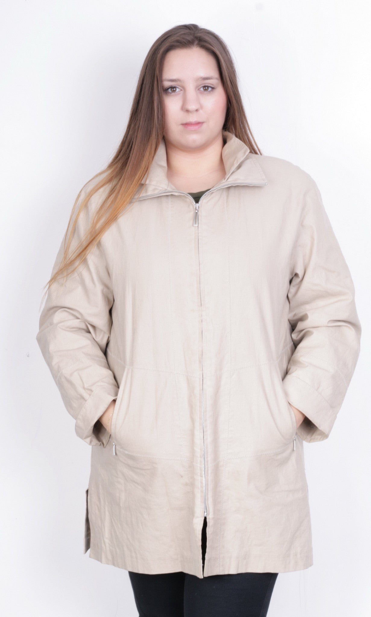 Loft Fashion Womens 42 L Coat Jacket Beige Full Zipper Linen - RetrospectClothes