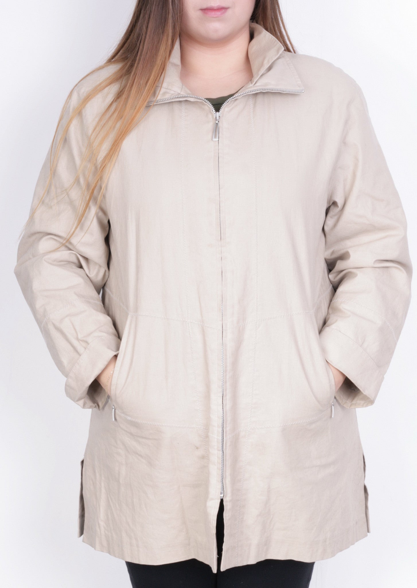 Loft Fashion Womens 42 L Coat Jacket Beige Full Zipper Linen - RetrospectClothes