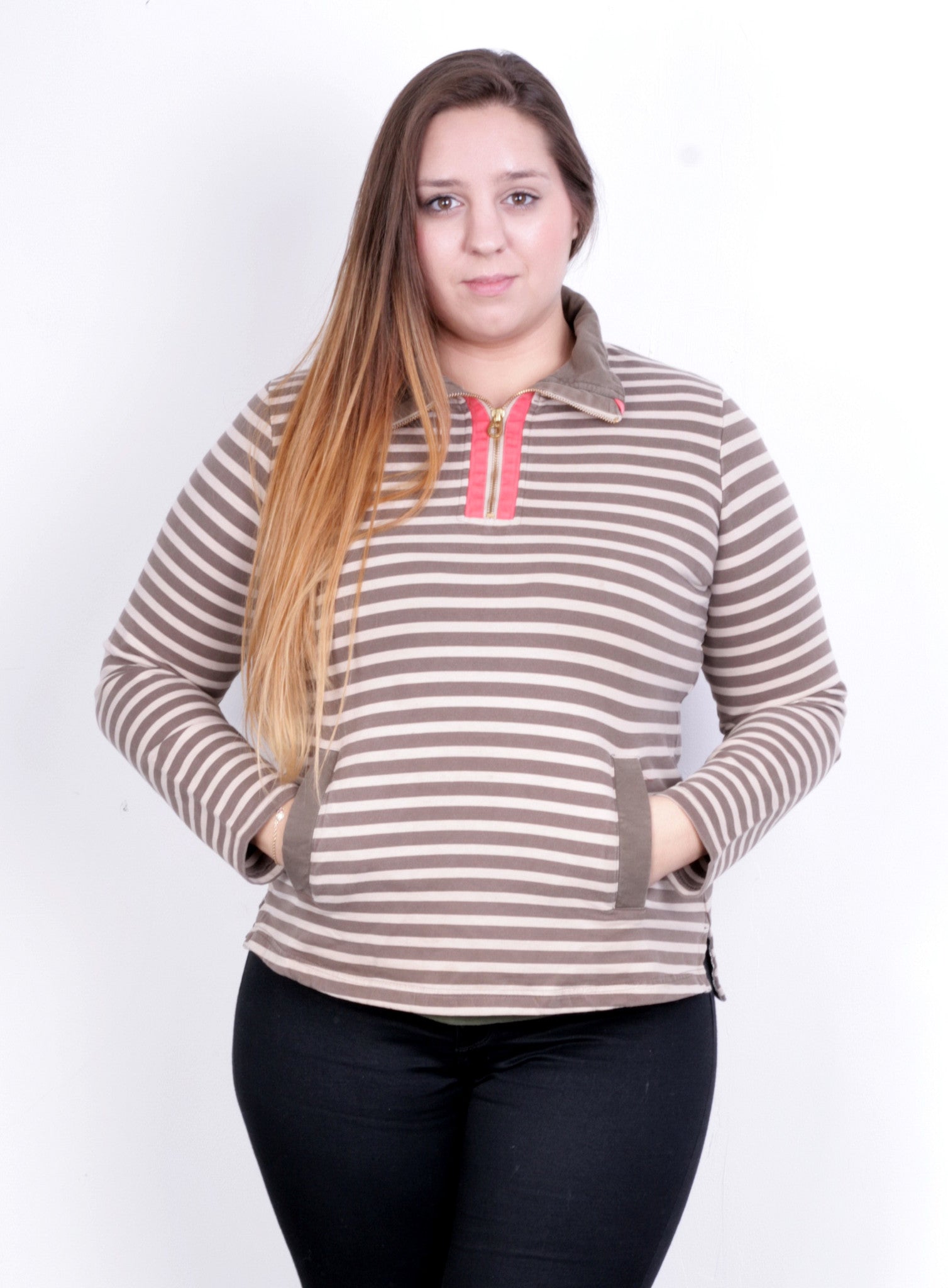 Tom Joule Womens L Sweatshirt Striped Brown Beige Zip Neck Cotton - RetrospectClothes