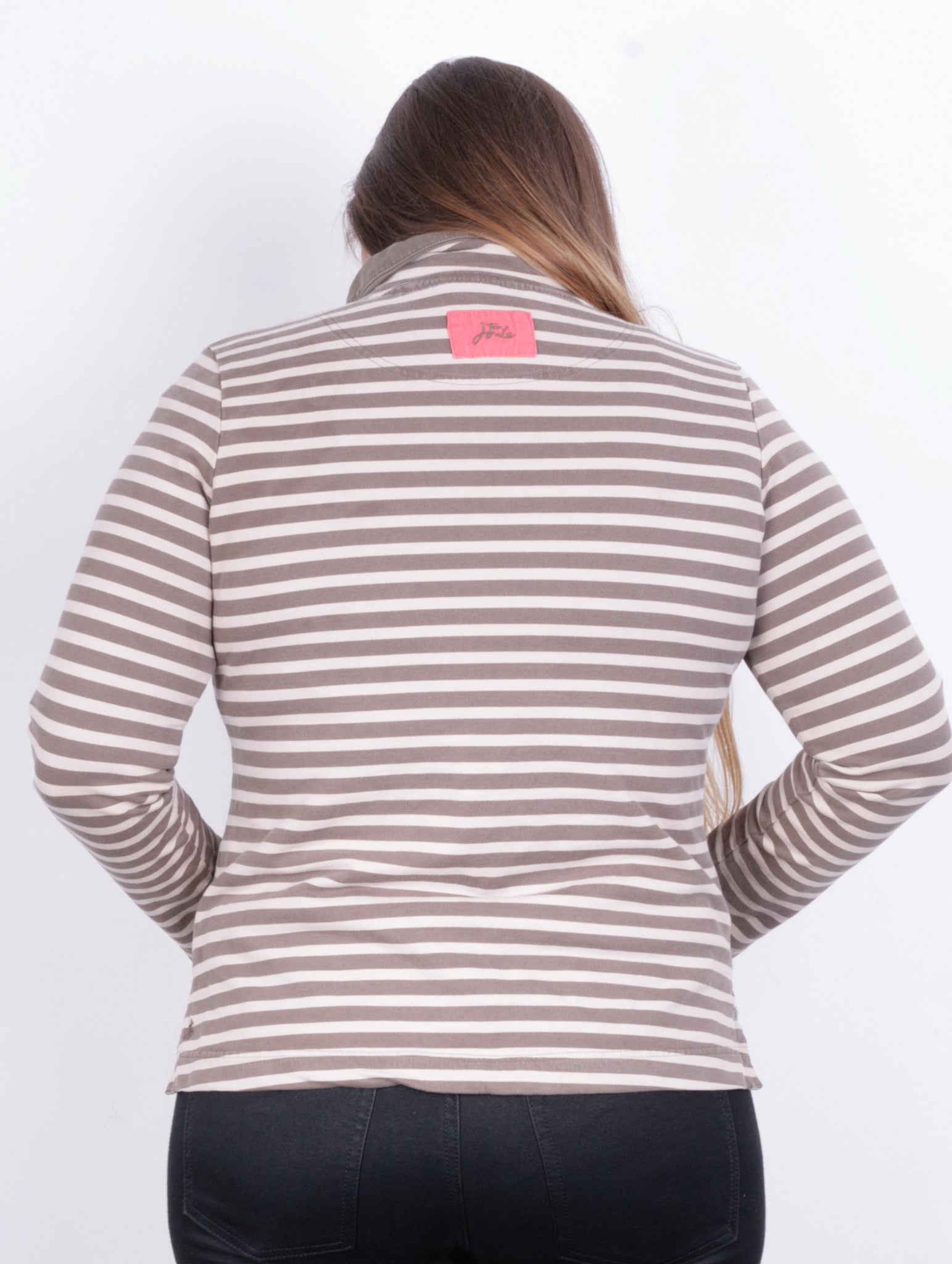 Tom Joule Womens L Sweatshirt Striped Brown Beige Zip Neck Cotton - RetrospectClothes