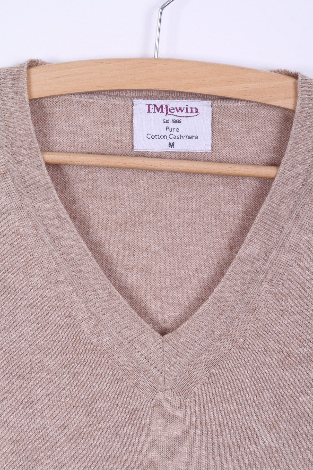 T.M. Lewin Mens M Jumper Beige Cotton Cashmere Blend V Neck Sweater