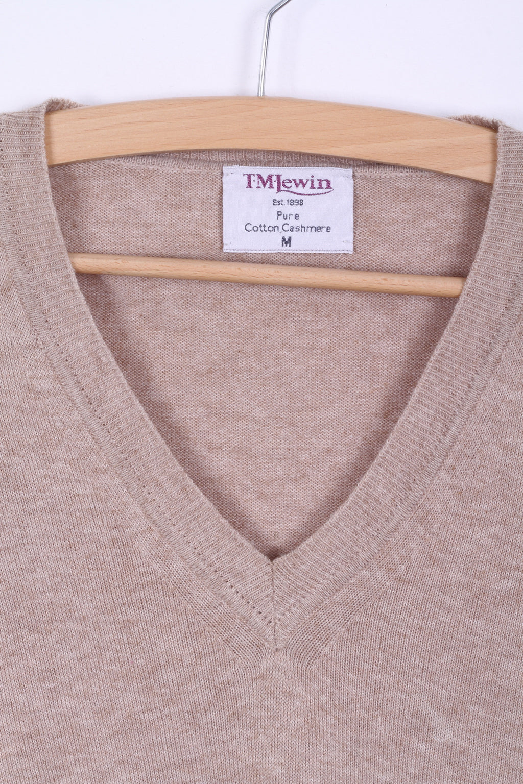 TM Lewin Pull M pour homme en coton et cachemire mélangés beige avec col en V
