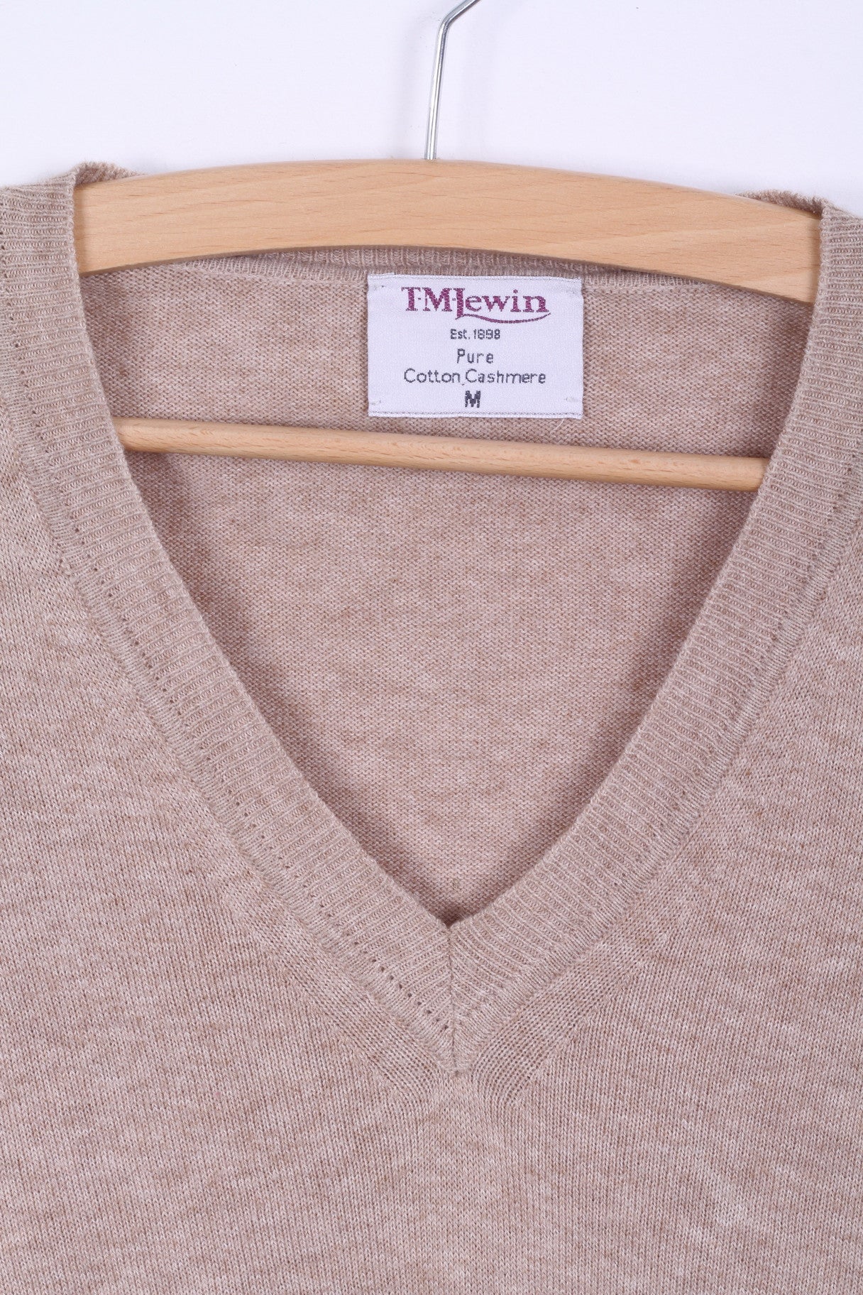 TM Lewin Pull M pour homme en coton et cachemire mélangés beige avec col en V