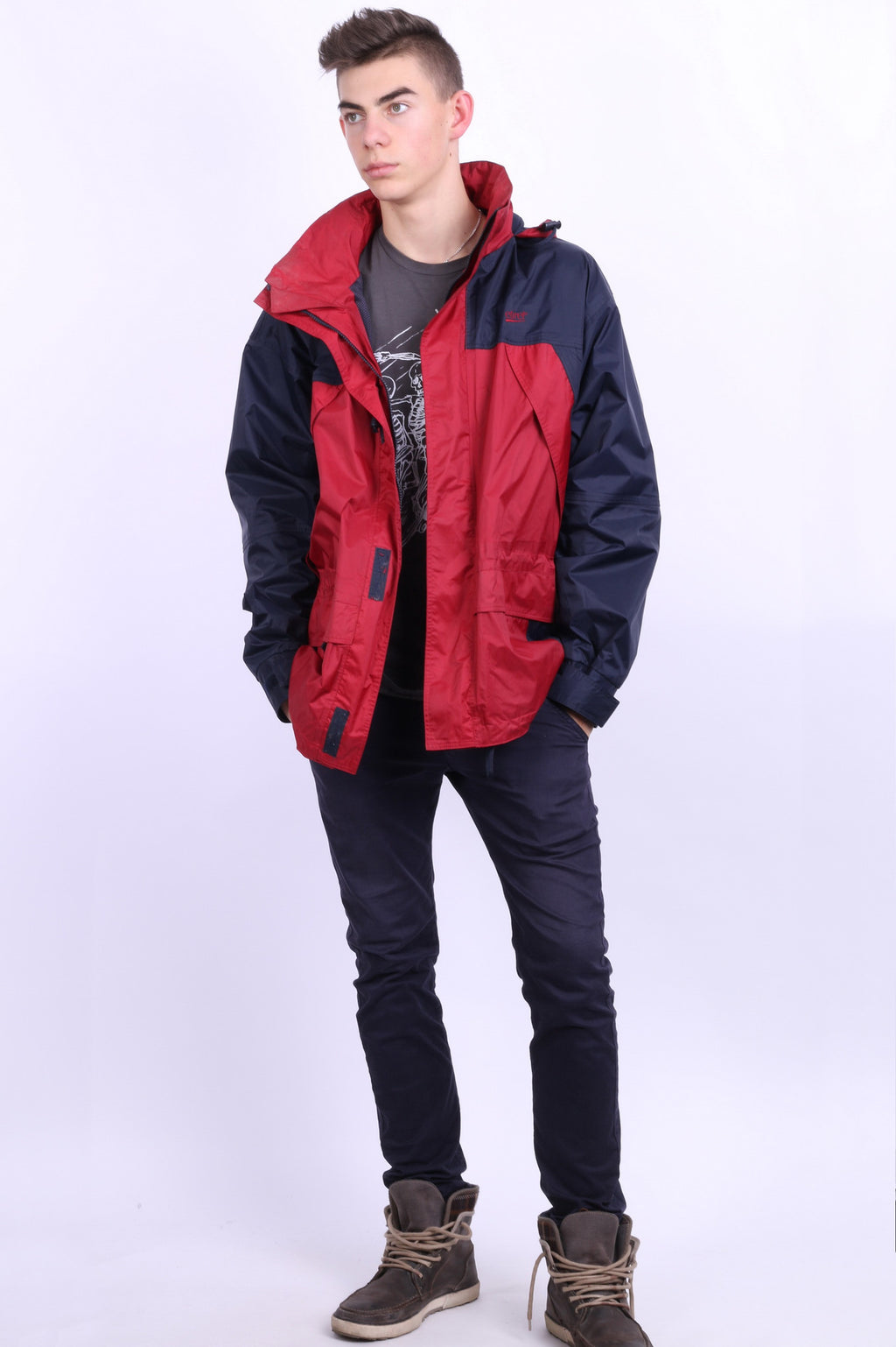 Etirel Mens M Jacket Parka Hood Red Waterproof Nylon Navy Blue Vintage Track Top - RetrospectClothes