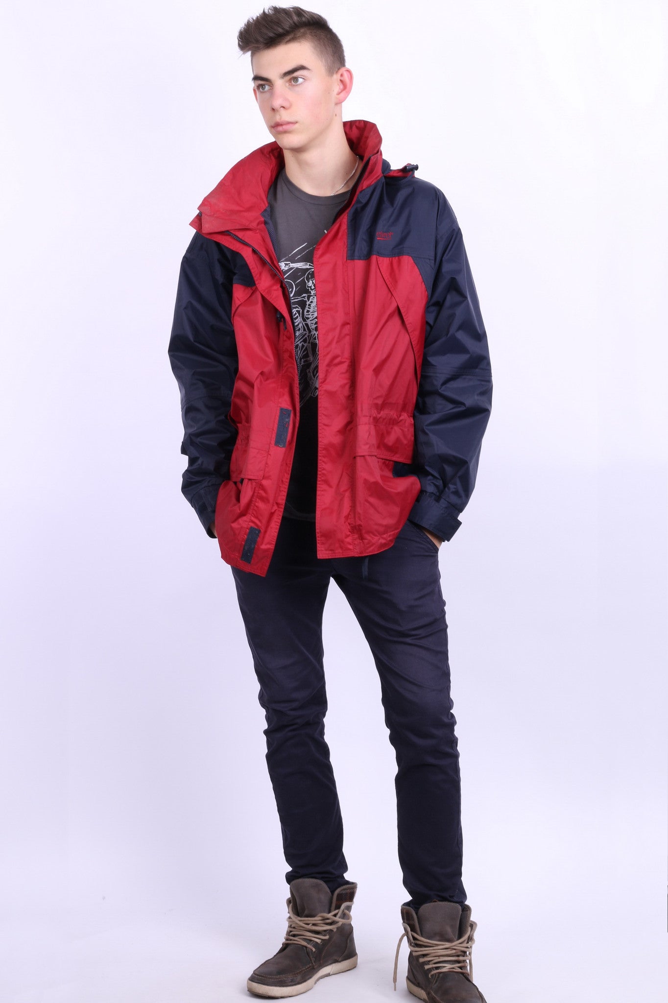Etirel Mens M Jacket Parka Hood Red Waterproof Nylon Navy Blue Vintage Track Top - RetrospectClothes