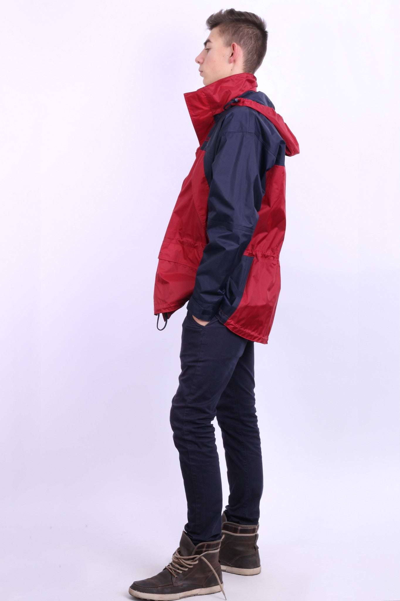 Etirel Mens M Jacket Parka Hood Red Waterproof Nylon Navy Blue Vintage Track Top - RetrospectClothes