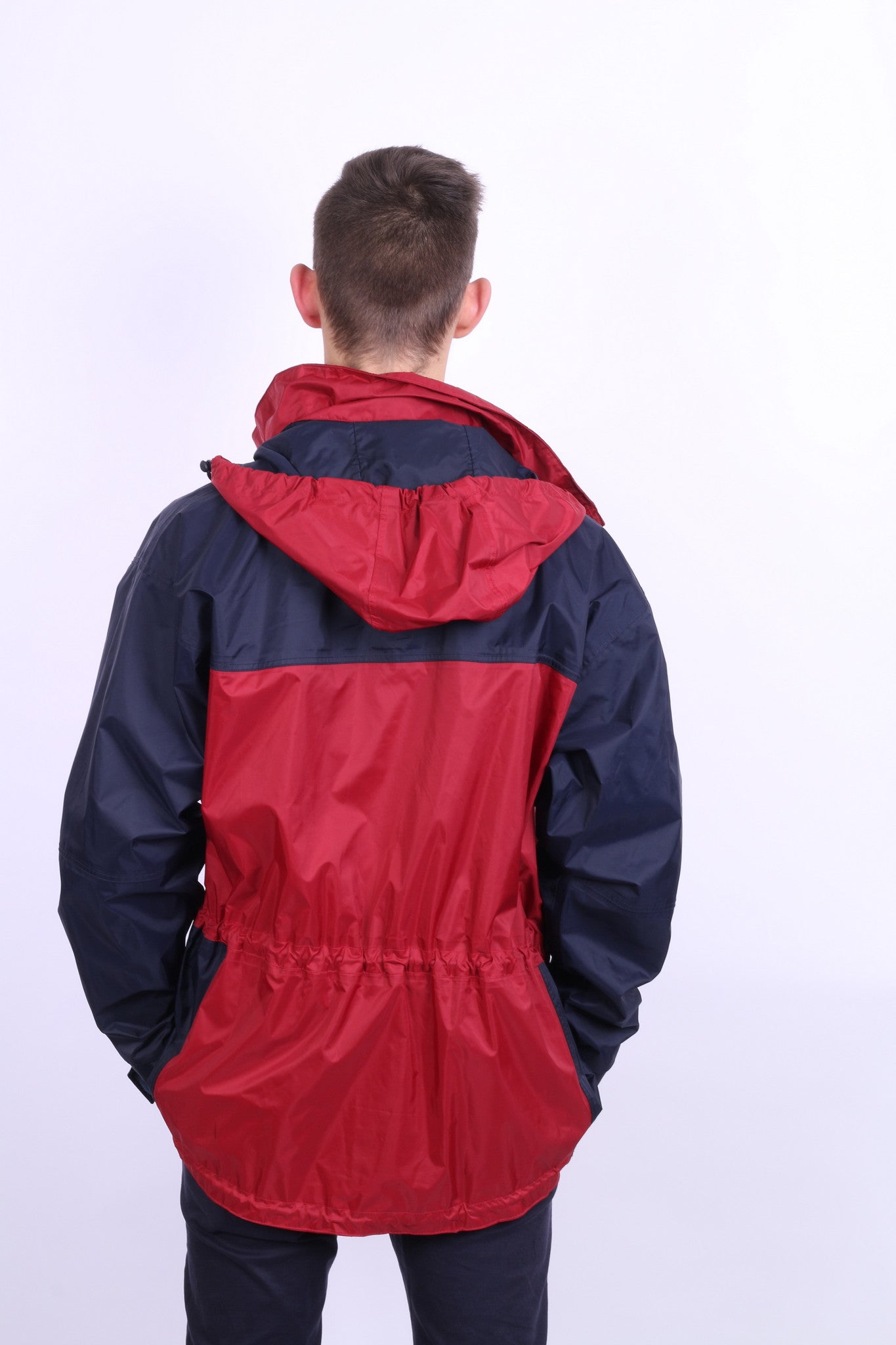 Etirel Mens M Jacket Parka Hood Red Waterproof Nylon Navy Blue Vintage Track Top - RetrospectClothes