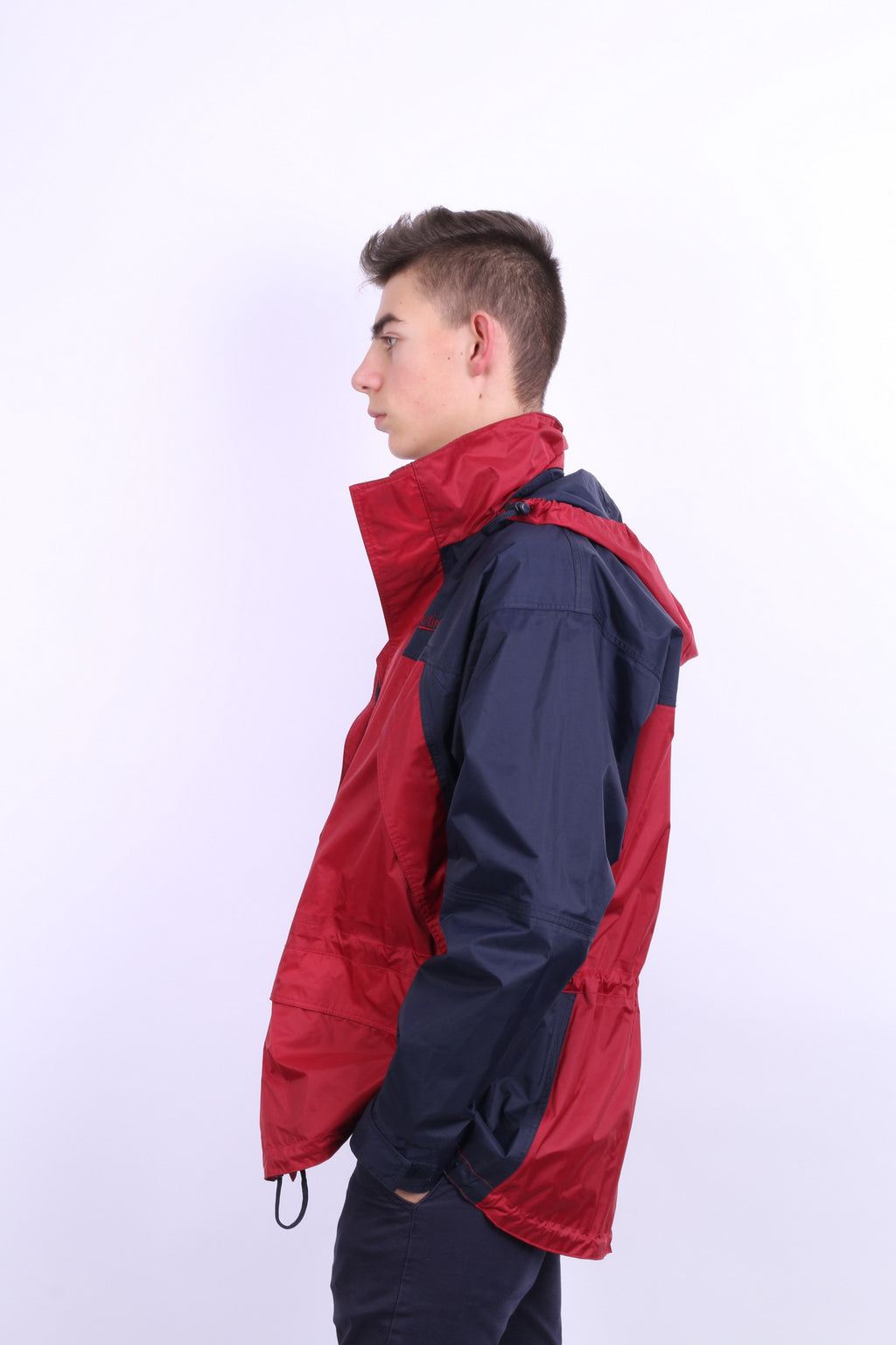 Etirel Mens M Jacket Parka Hood Red Waterproof Nylon Navy Blue Vintage Track Top - RetrospectClothes