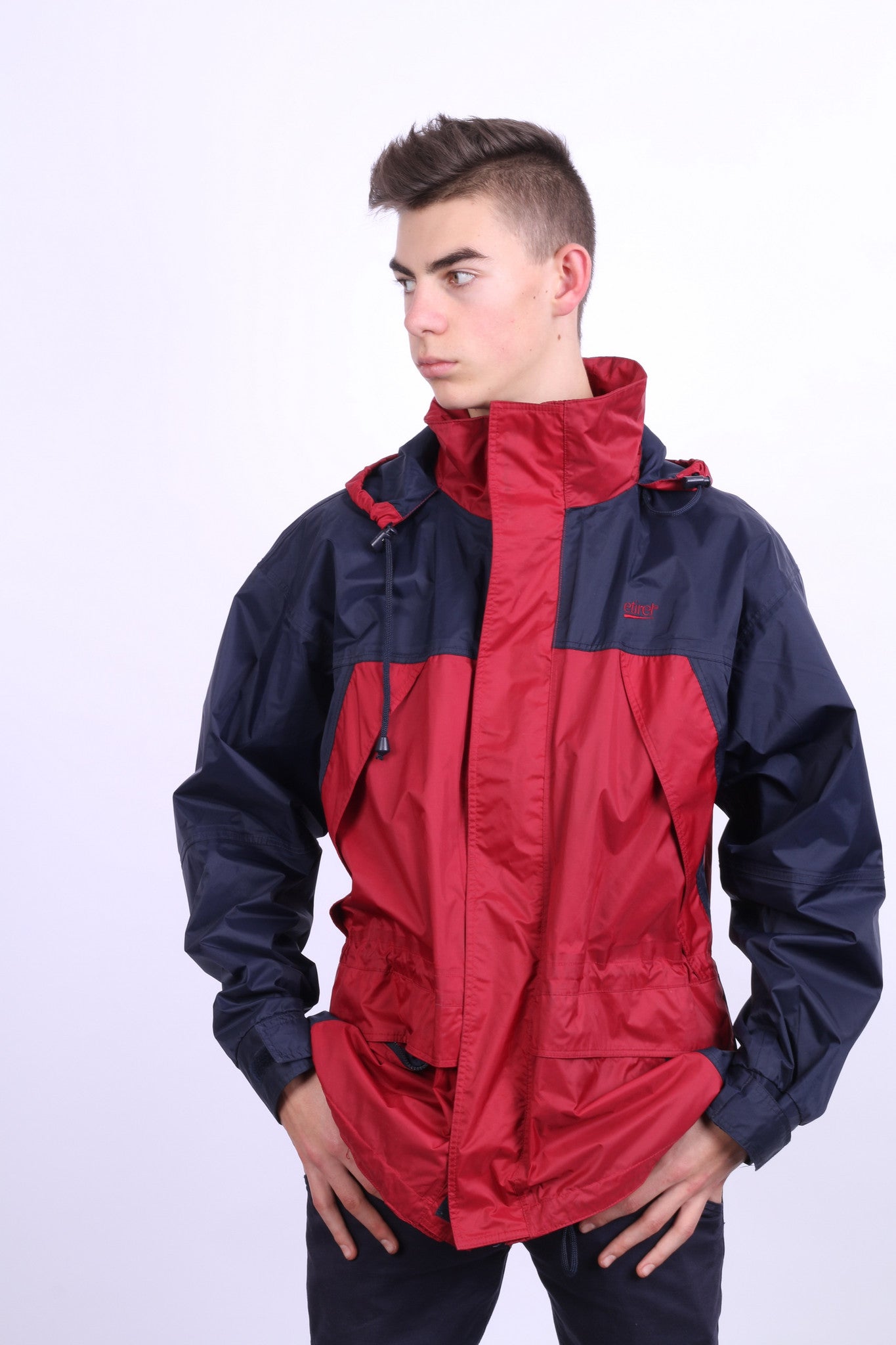 Etirel Mens M Jacket Parka Hood Red Waterproof Nylon Navy Blue Vintage Track Top - RetrospectClothes