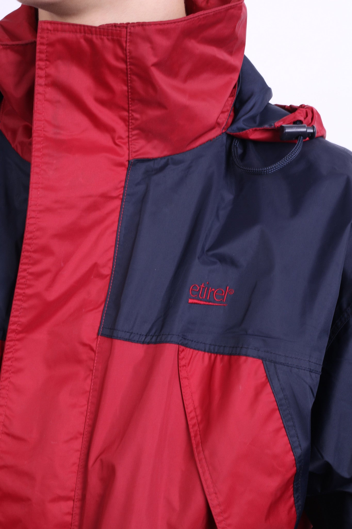 Etirel Mens M Jacket Parka Hood Red Waterproof Nylon Navy Blue Vintage Track Top - RetrospectClothes