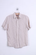 Vintage RED Mens S Casual Shirt Beige Linen Short Sleeve