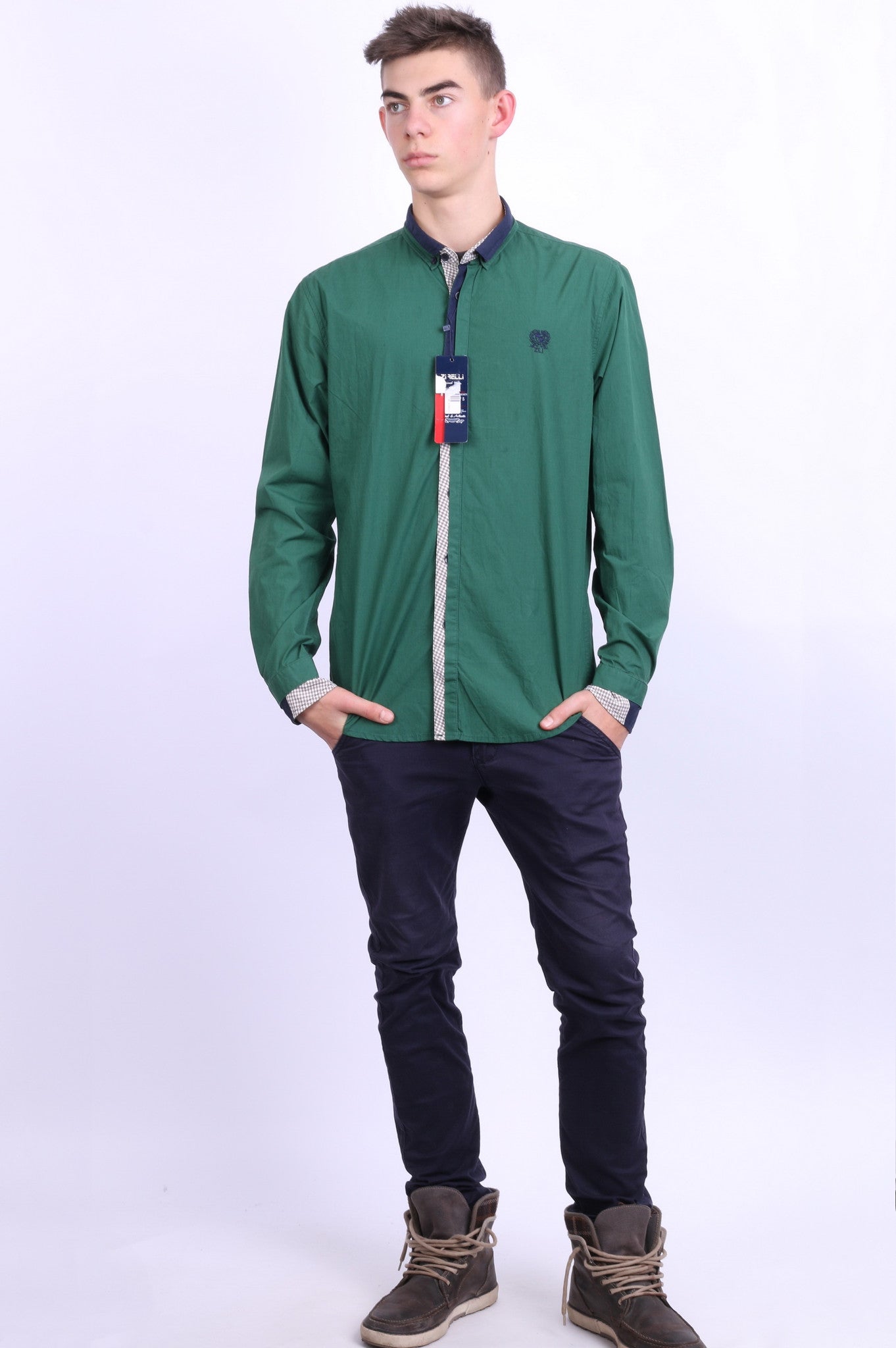 New Zirelli Mens XL Casual Shirt Dark Green Unique Cotton Buttons Down - RetrospectClothes