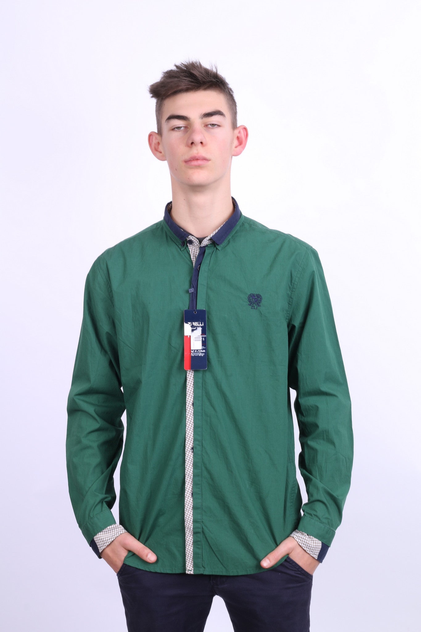 New Zirelli Mens XL Casual Shirt Dark Green Unique Cotton Buttons Down - RetrospectClothes