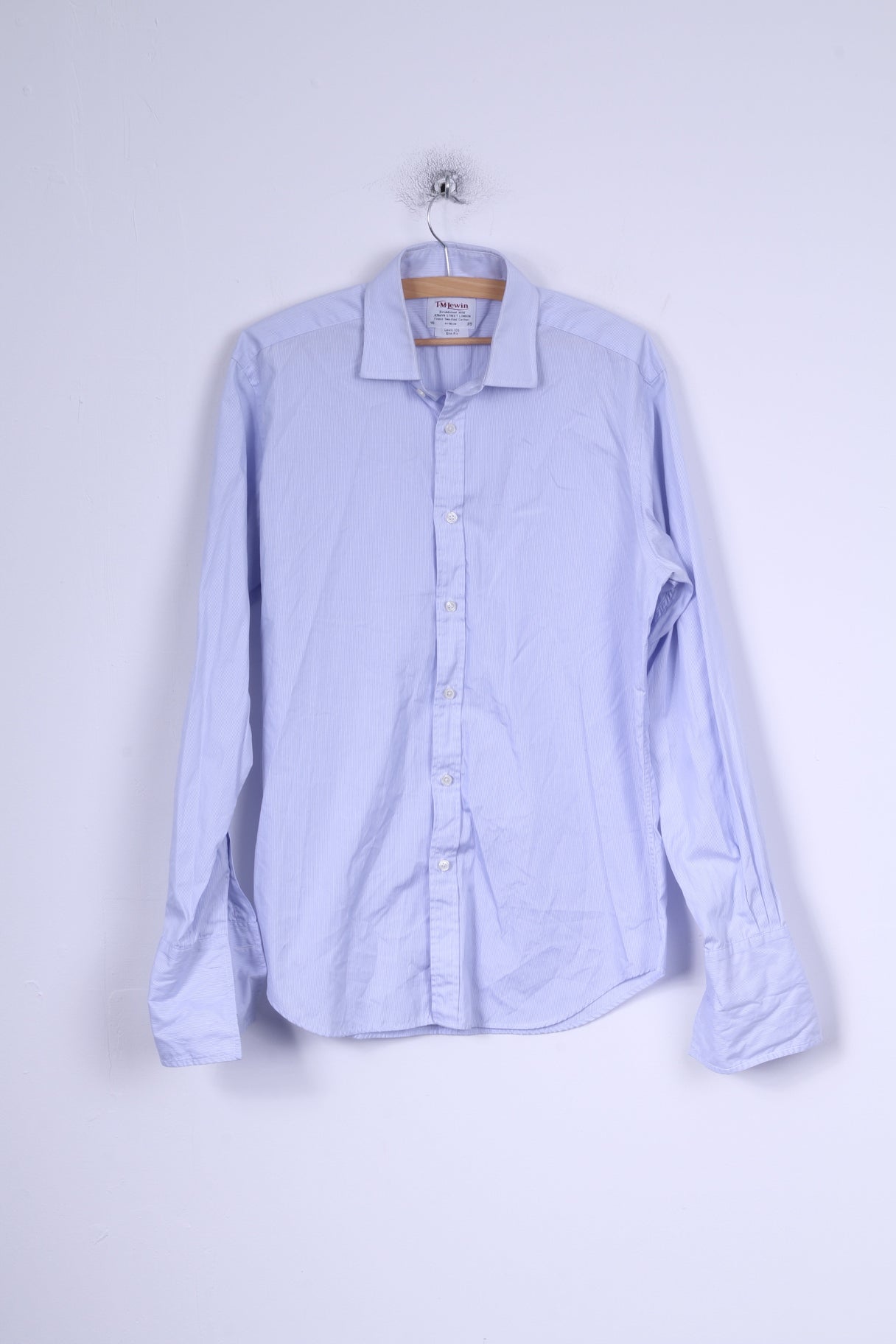 T.M Lewin Mens 16 35 L Casual Shirt Blue Striped Cotton Slim Fit Lewin 100