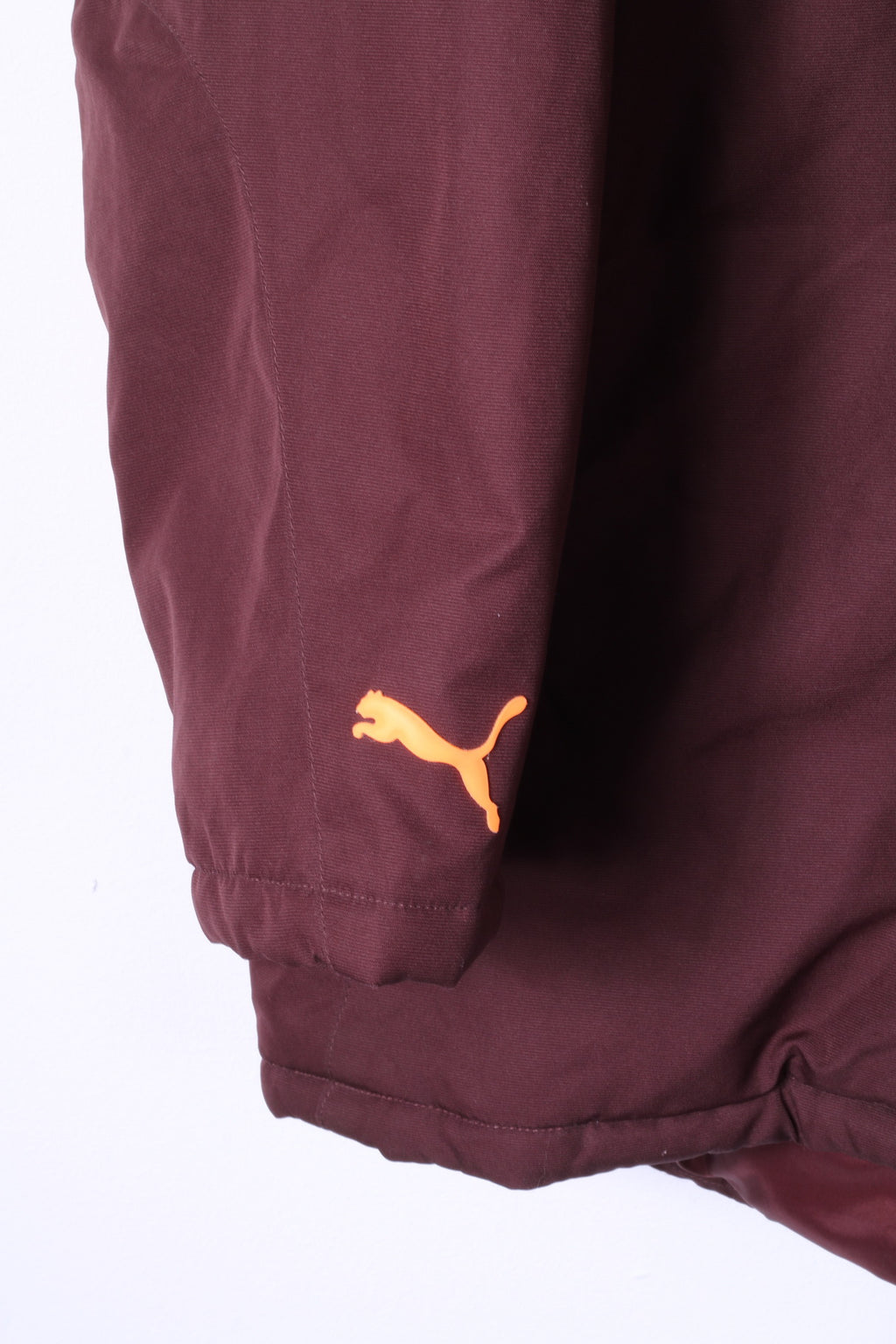 Giacca PUMA XL da uomo marrone con cerniera intera, cappuccio nascosto imbottito, logo sportivo arancione, parte superiore