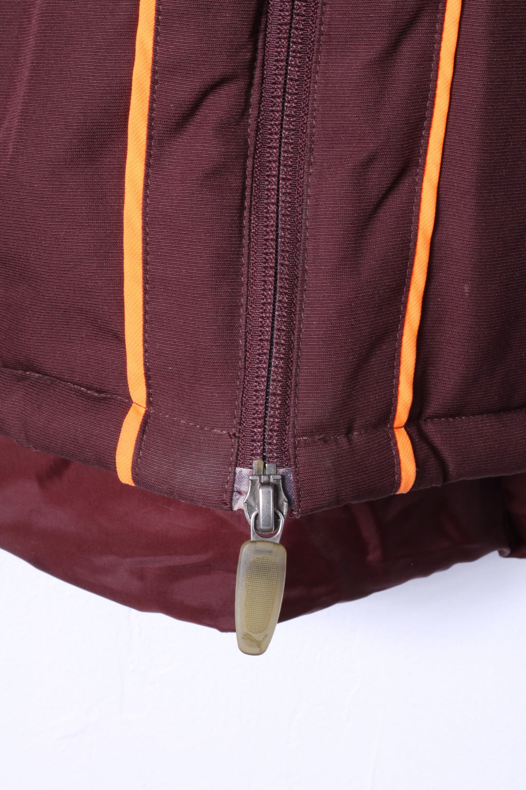 Giacca PUMA XL da uomo marrone con cerniera intera, cappuccio nascosto imbottito, logo sportivo arancione, parte superiore