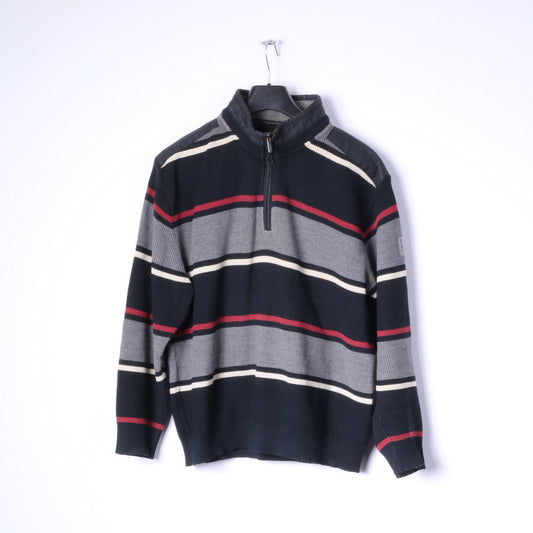 BRAX Mens 52 L Jumper Black Striped Zip Neck Wool Cotton Blend Sweater