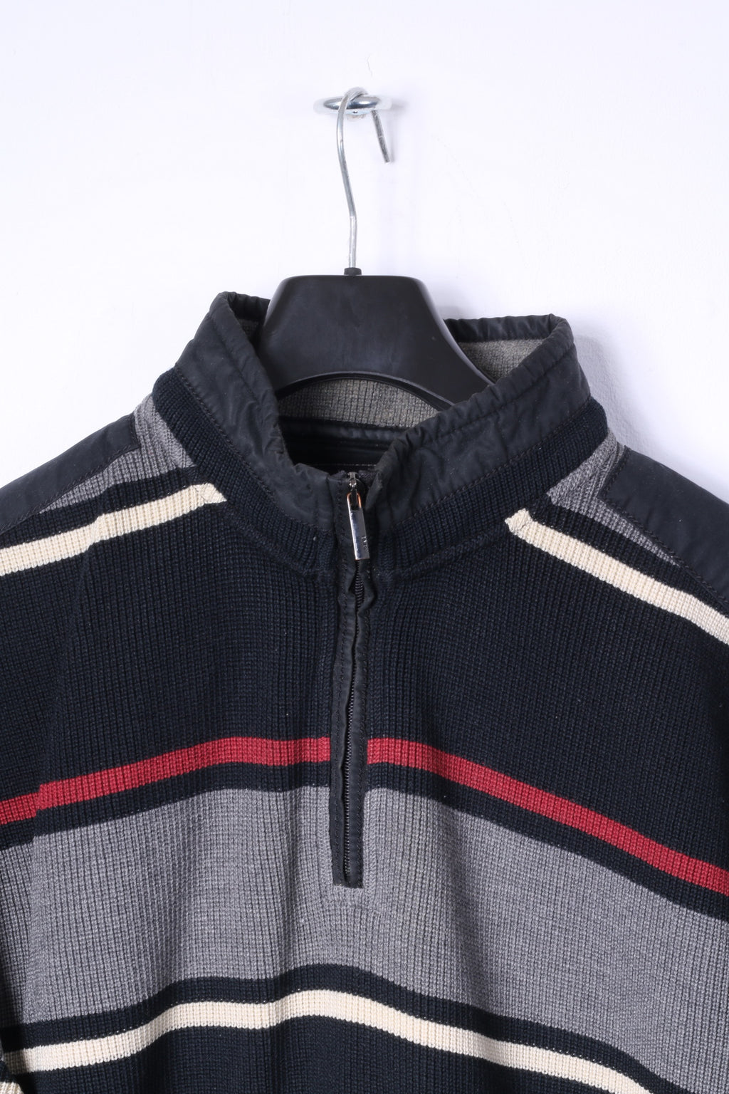 BRAX Mens 52 L Jumper Black Striped Zip Neck Wool Cotton Blend Sweater