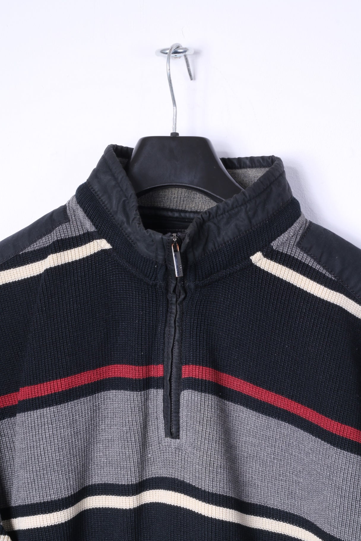 BRAX Mens 52 L Jumper Black Striped Zip Neck Wool Cotton Blend Sweater