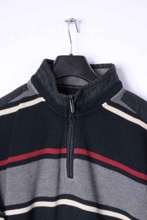 BRAX Pull Homme 52 L Noir Rayé Col Zippé Laine Mélange De Coton Pull