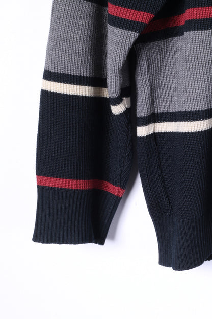 BRAX Mens 52 L Jumper Black Striped Zip Neck Wool Cotton Blend Sweater
