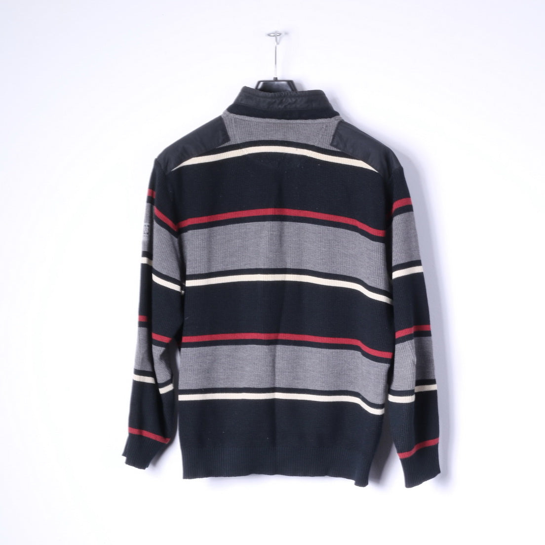 BRAX Mens 52 L Jumper Black Striped Zip Neck Wool Cotton Blend Sweater