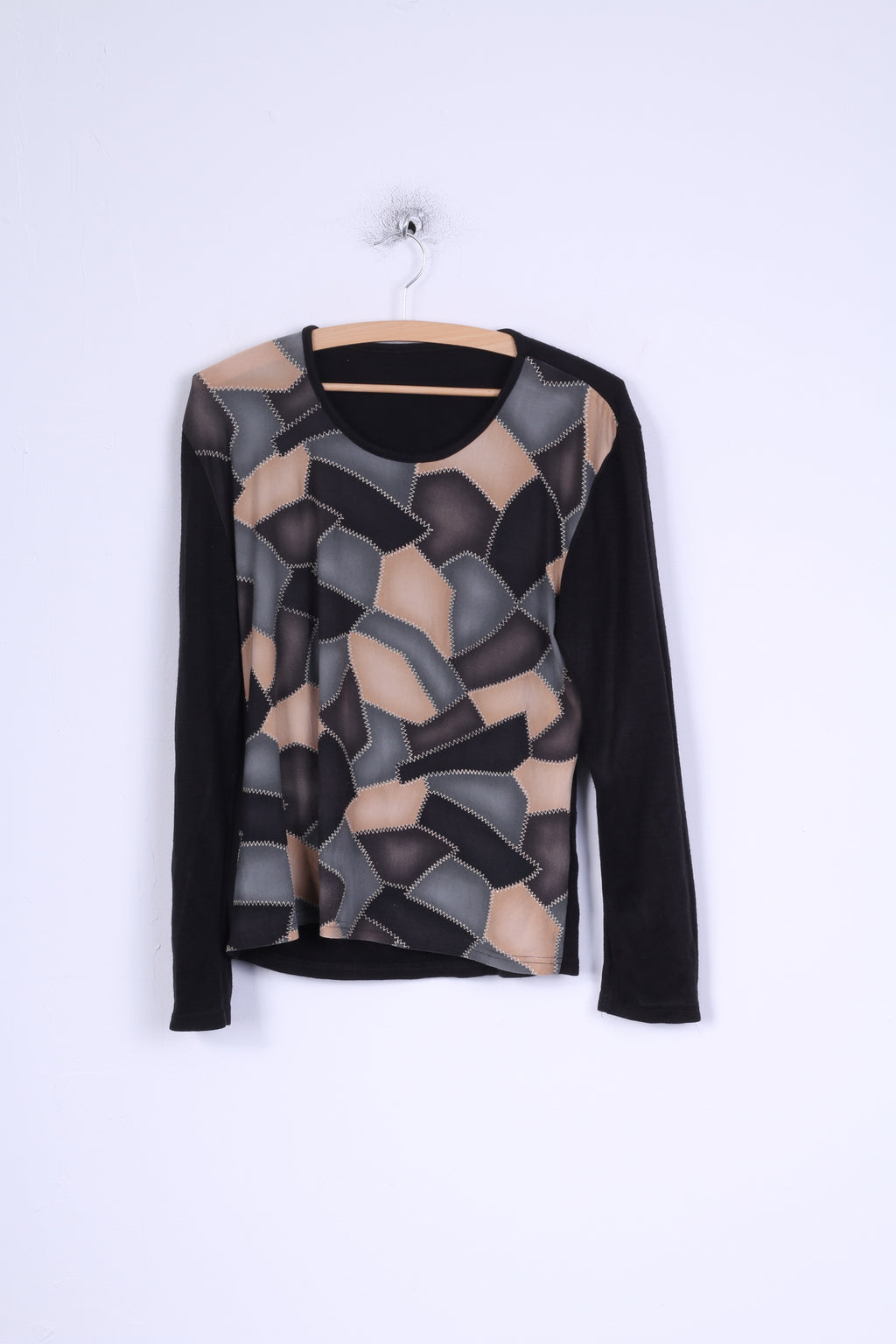 Unkown Womens M Shirt Black Patchwork nStretch Acrylic Wool Blend Top Italy