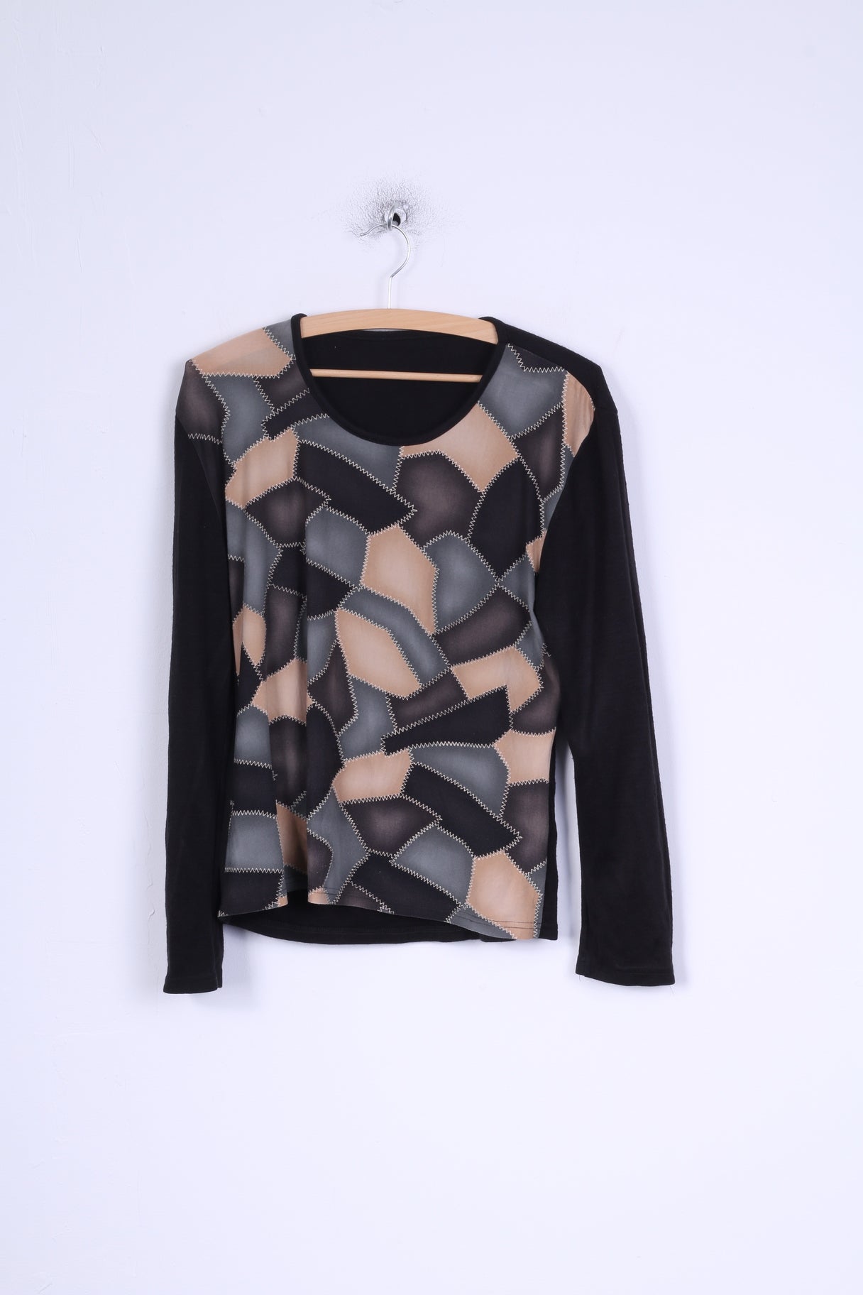 Unkown Womens M Shirt Black Patchwork nStretch Acrylic Wool Blend Top Italy