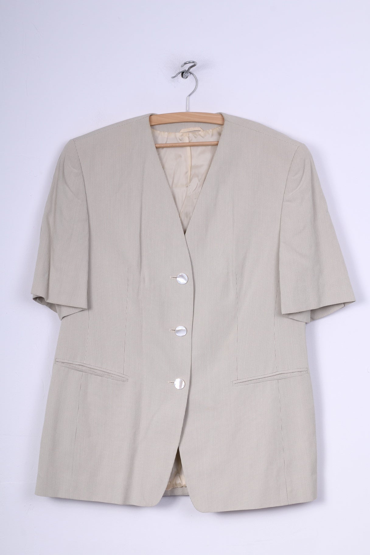 Petite Mademoiselle Womens XL Blazer Short Sleeve Check Cream Sholuder Pads Summer Vintage