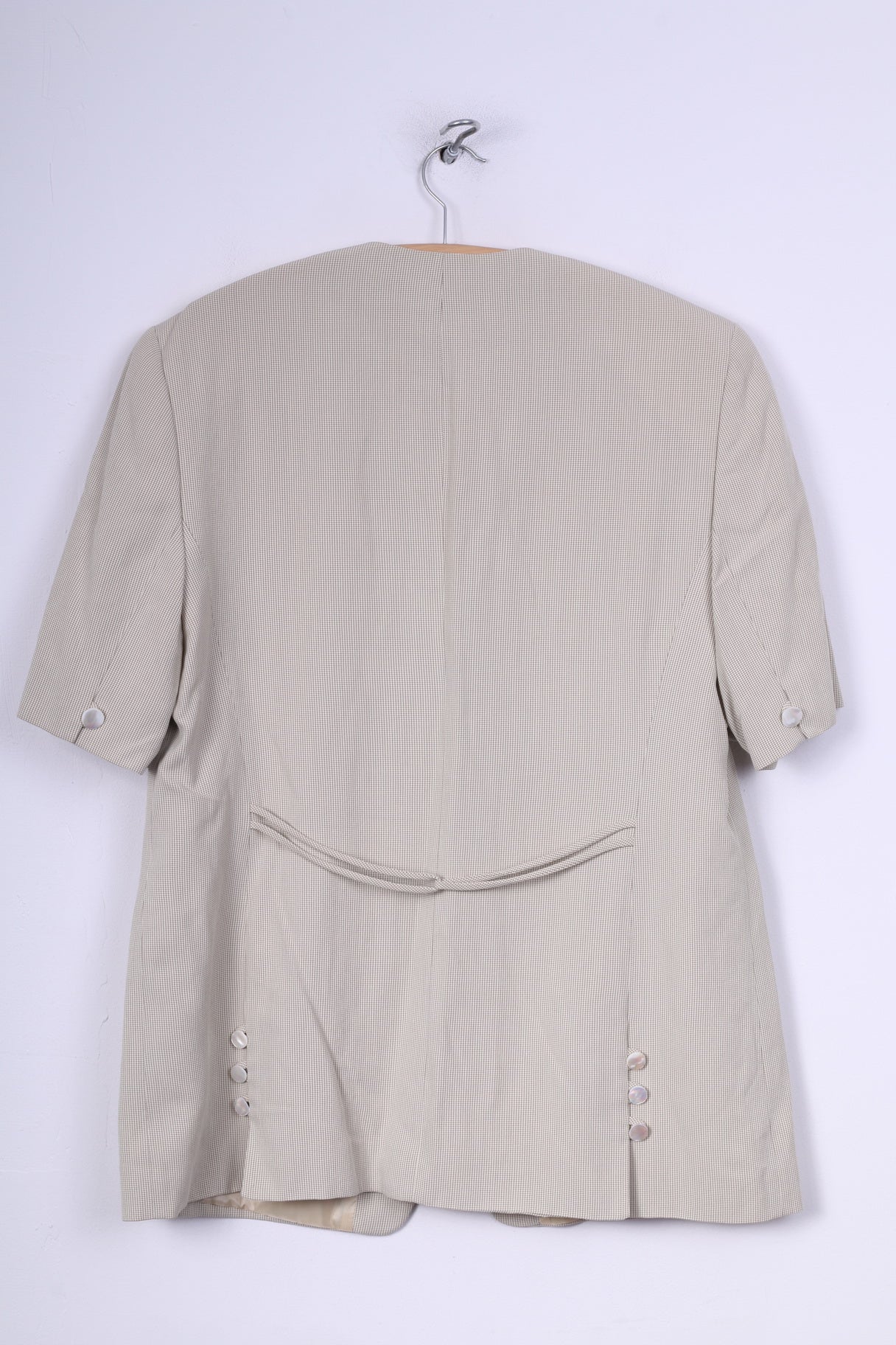 Petite Mademoiselle Womens XL Blazer Short Sleeve Check Cream Sholuder Pads Summer Vintage