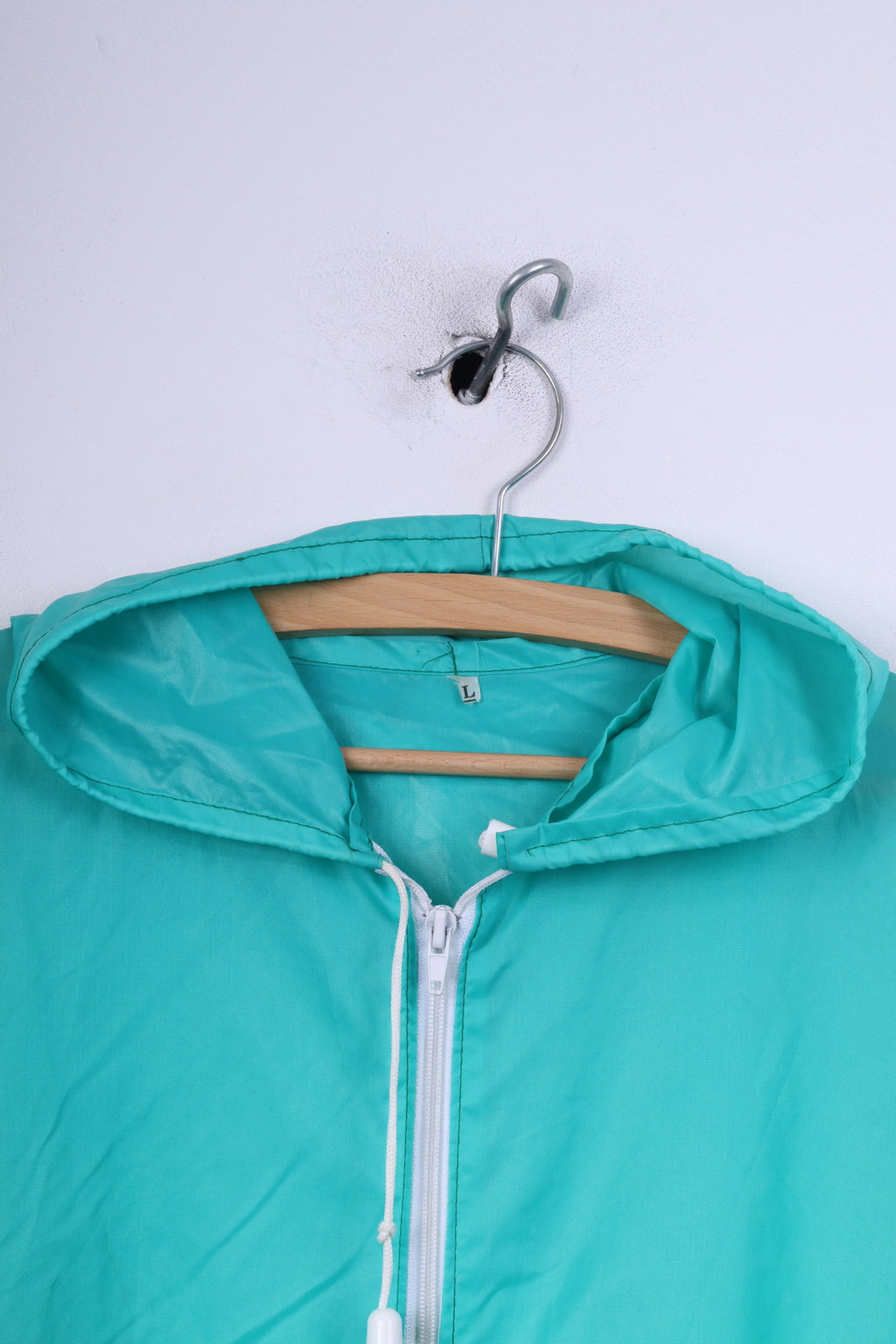 Vintage Mens L Rain Jacket Waterproof Nylon Green Hooded Full Zipper