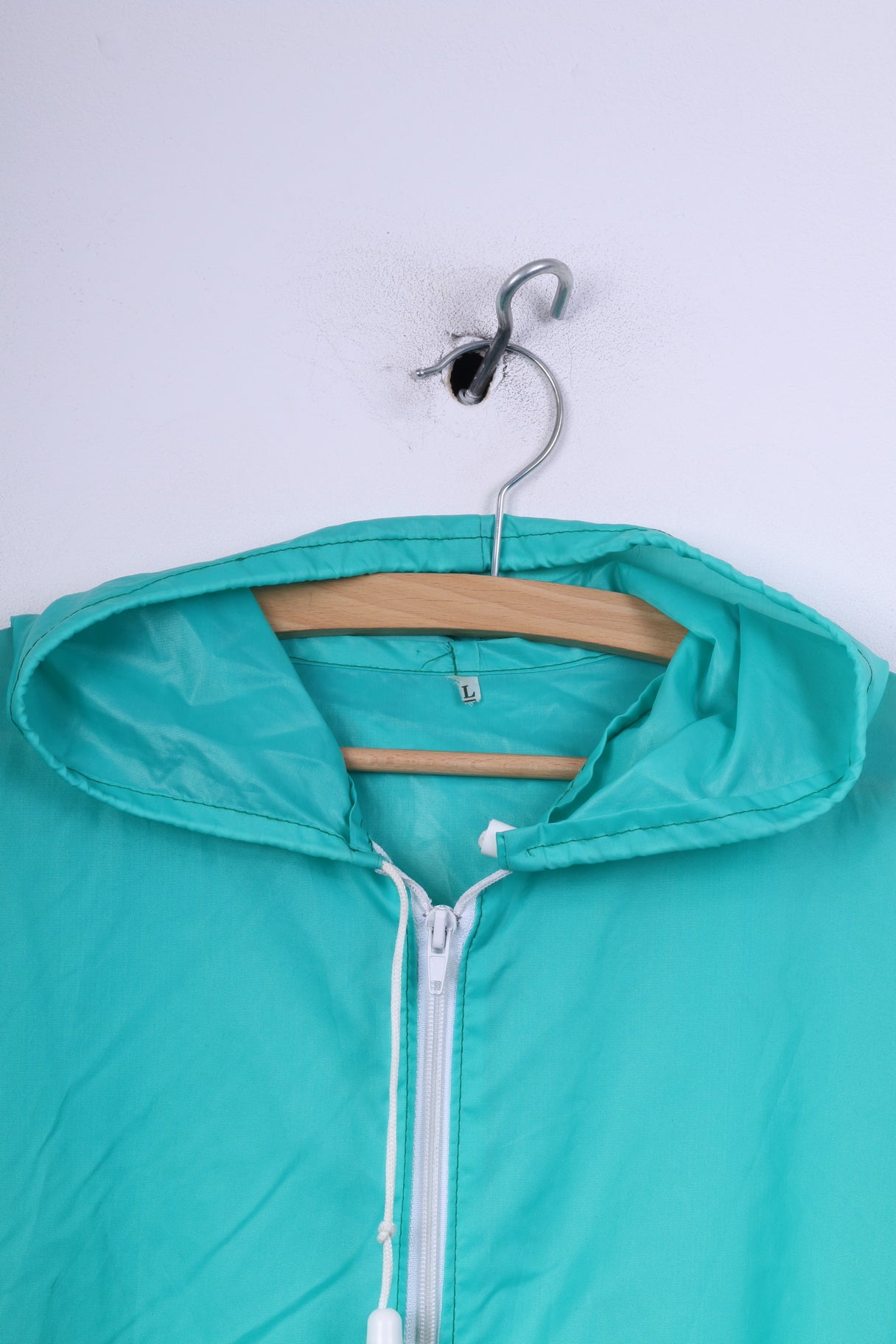 Vintage Mens L Rain Jacket Waterproof Nylon Green Hooded Full Zipper