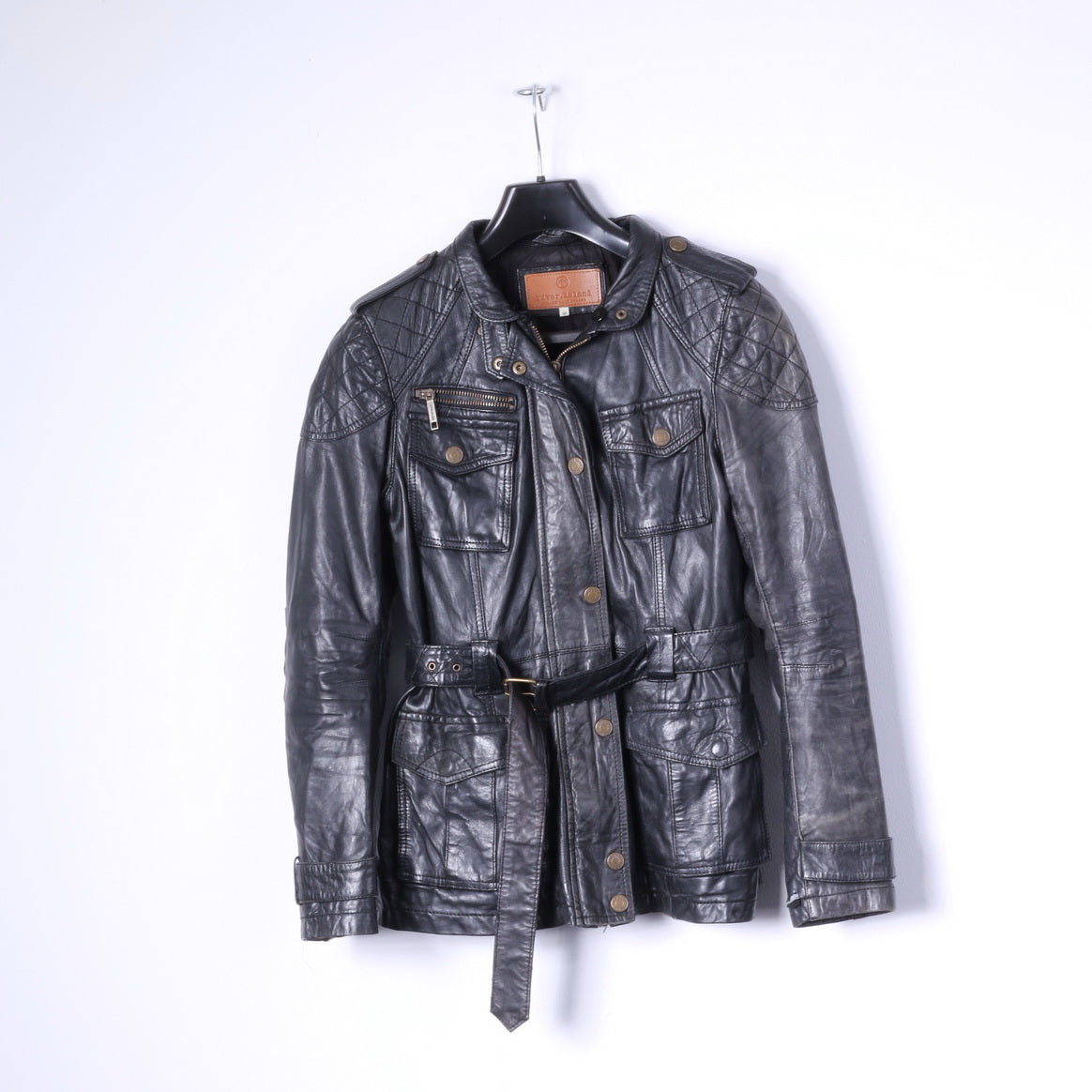 Giacca da motociclista River Island da donna 10 S in pelle nera con cerniera intera e cintura