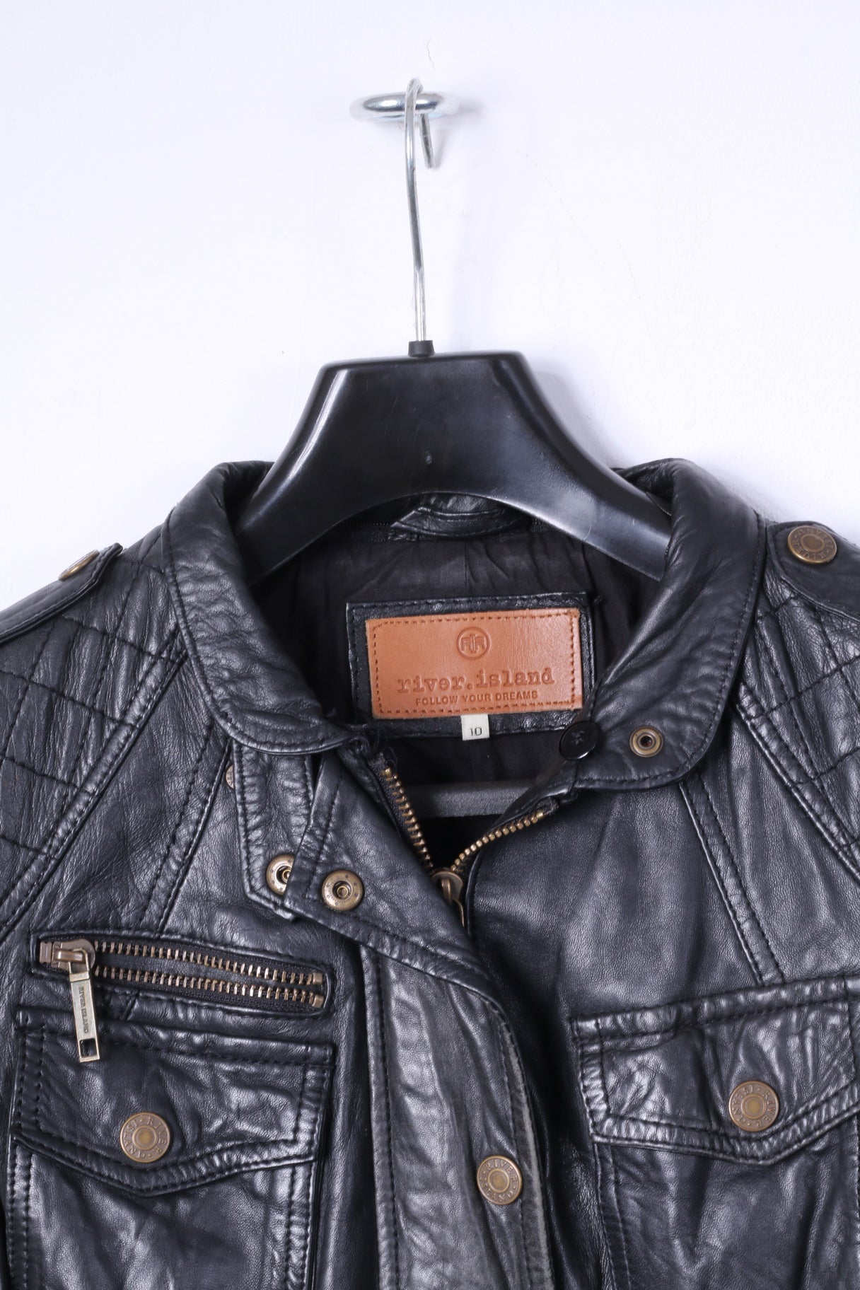 Giacca da motociclista River Island da donna 10 S in pelle nera con cerniera intera e cintura