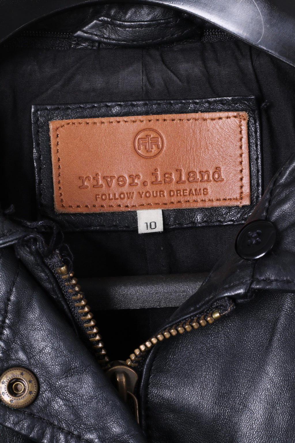 Giacca da motociclista River Island da donna 10 S in pelle nera con cerniera intera e cintura