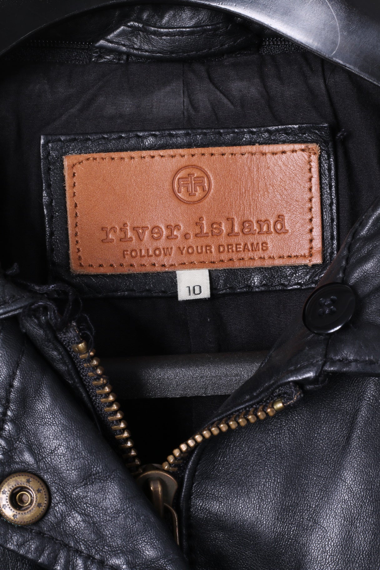 Giacca da motociclista River Island da donna 10 S in pelle nera con cerniera intera e cintura