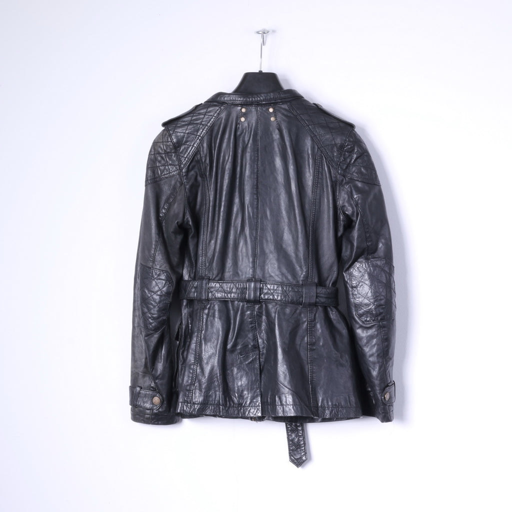 Giacca da motociclista River Island da donna 10 S in pelle nera con cerniera intera e cintura