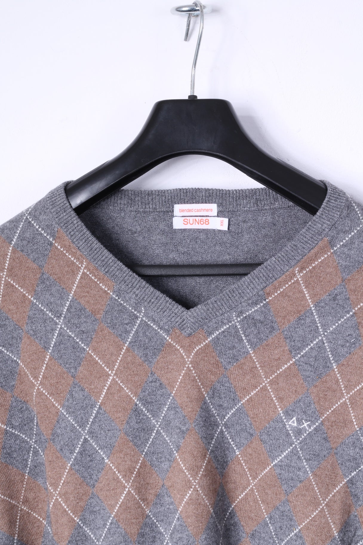 SUN68 Mens XXL Jumper Grey Cashmere Blend Grey V Neck Argyle Sweater