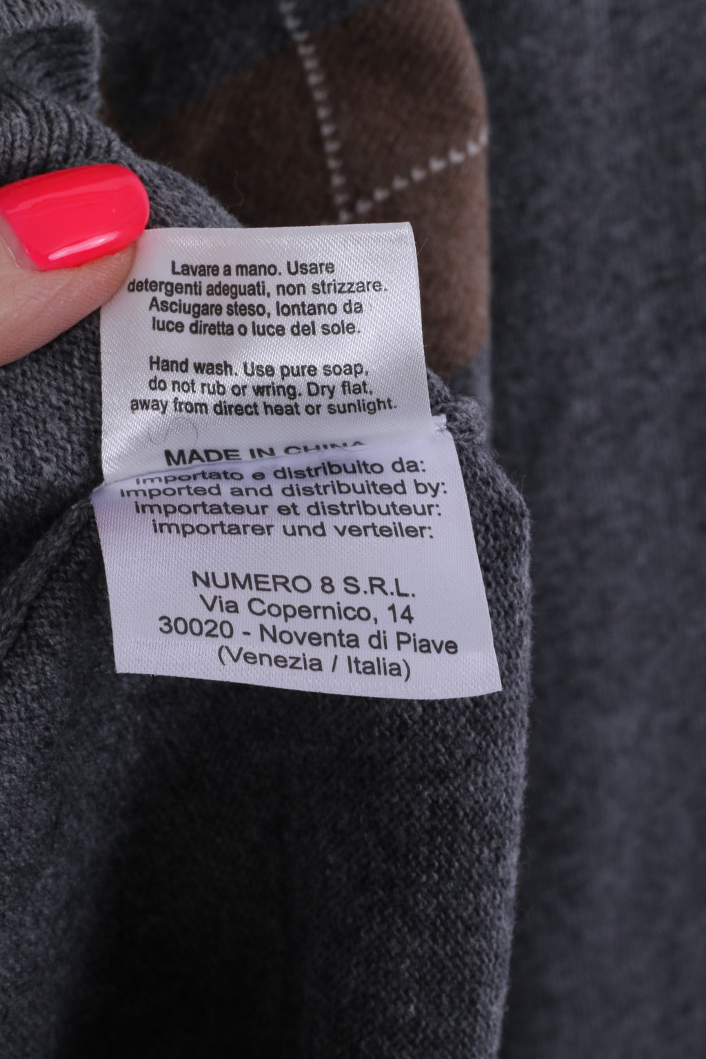 SUN68 Mens XXL Jumper Grey Cashmere Blend Grey V Neck Argyle Sweater