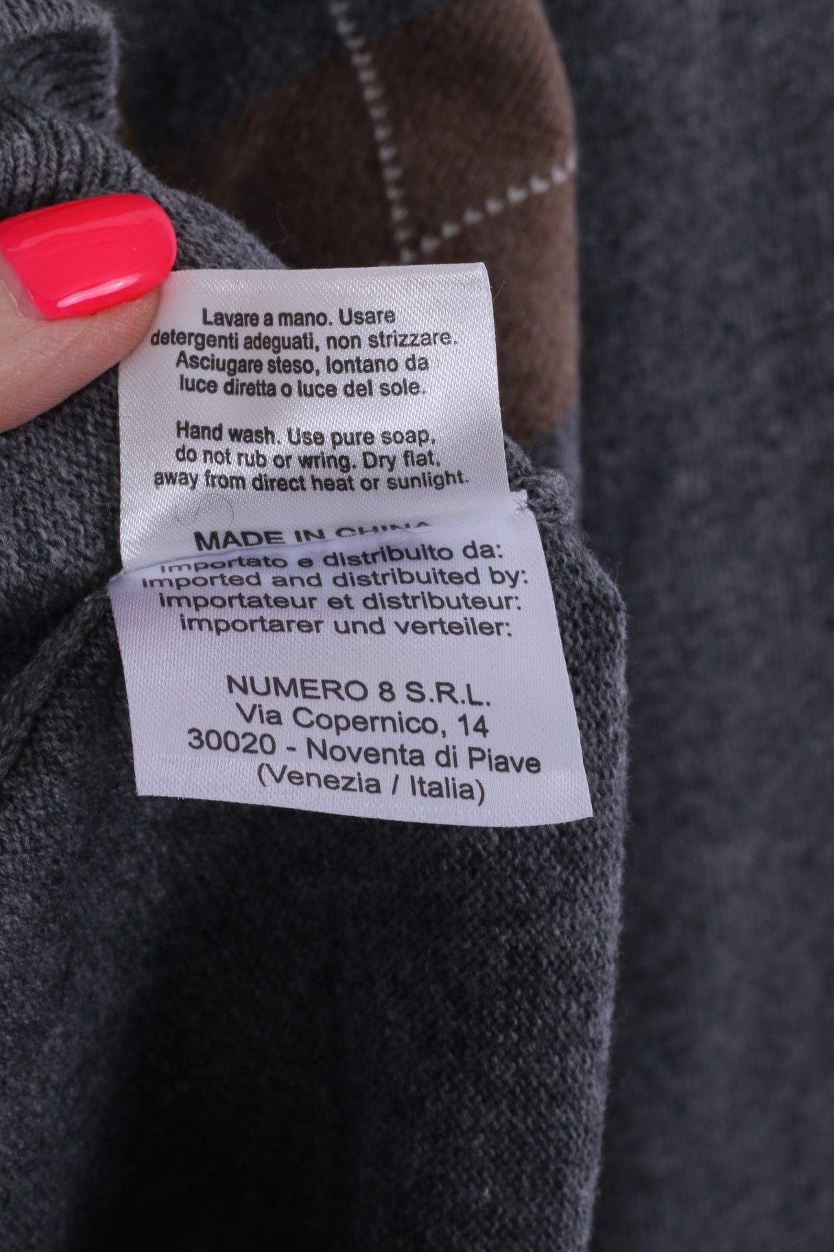 SUN68 Mens XXL Jumper Grey Cashmere Blend Grey V Neck Argyle Sweater