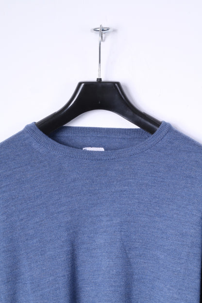 Larryknitwear Mens XL Jumper Blue Crew Neck Plain Classic Sweater Made in Italy