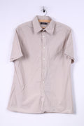 Jeff Banks London Mens M Casual Shirt Cotton Beige Check Short Sleeve