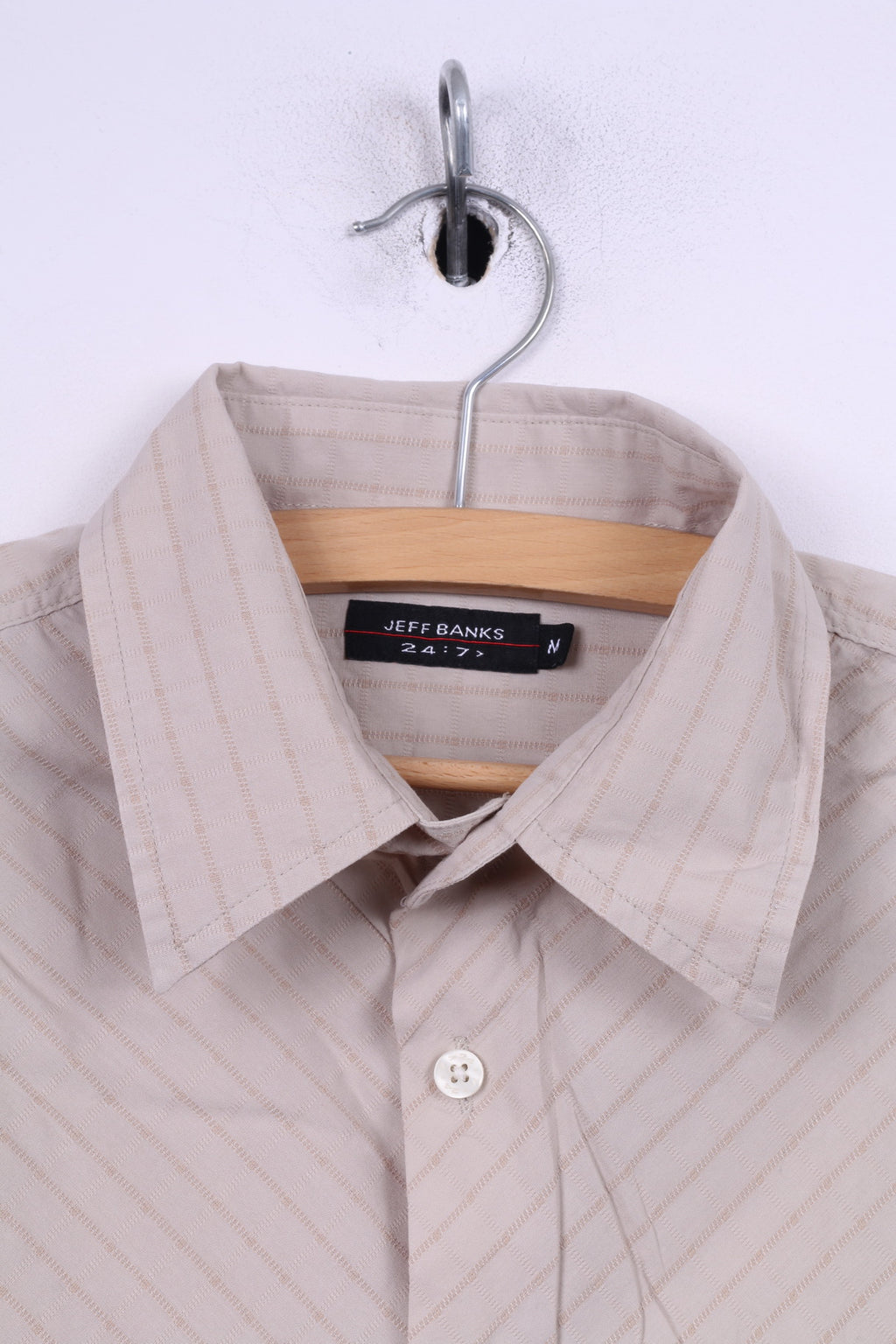 Jeff Banks London Chemise décontractée M en coton à carreaux beiges à manches courtes pour homme 