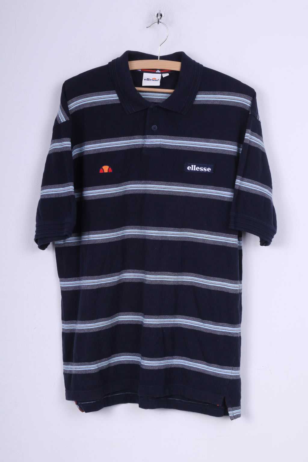 Ellesse Mens L Polo Shirt Mens L Polo Shirt Navy Striped Cotton Short Sleeve