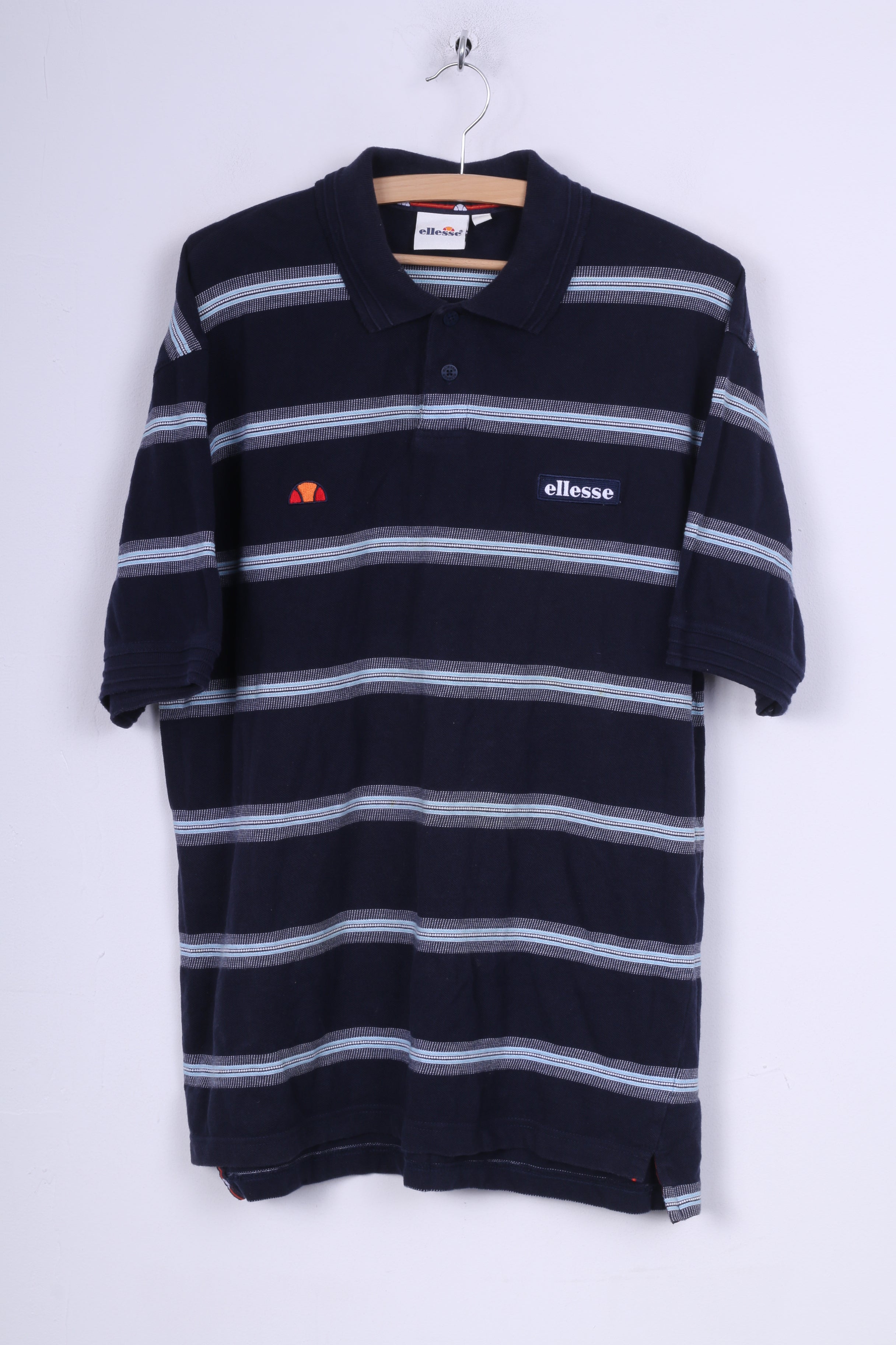 Ellesse Mens L Polo Shirt Mens L Polo Shirt Navy Striped Cotton Short Sleeve