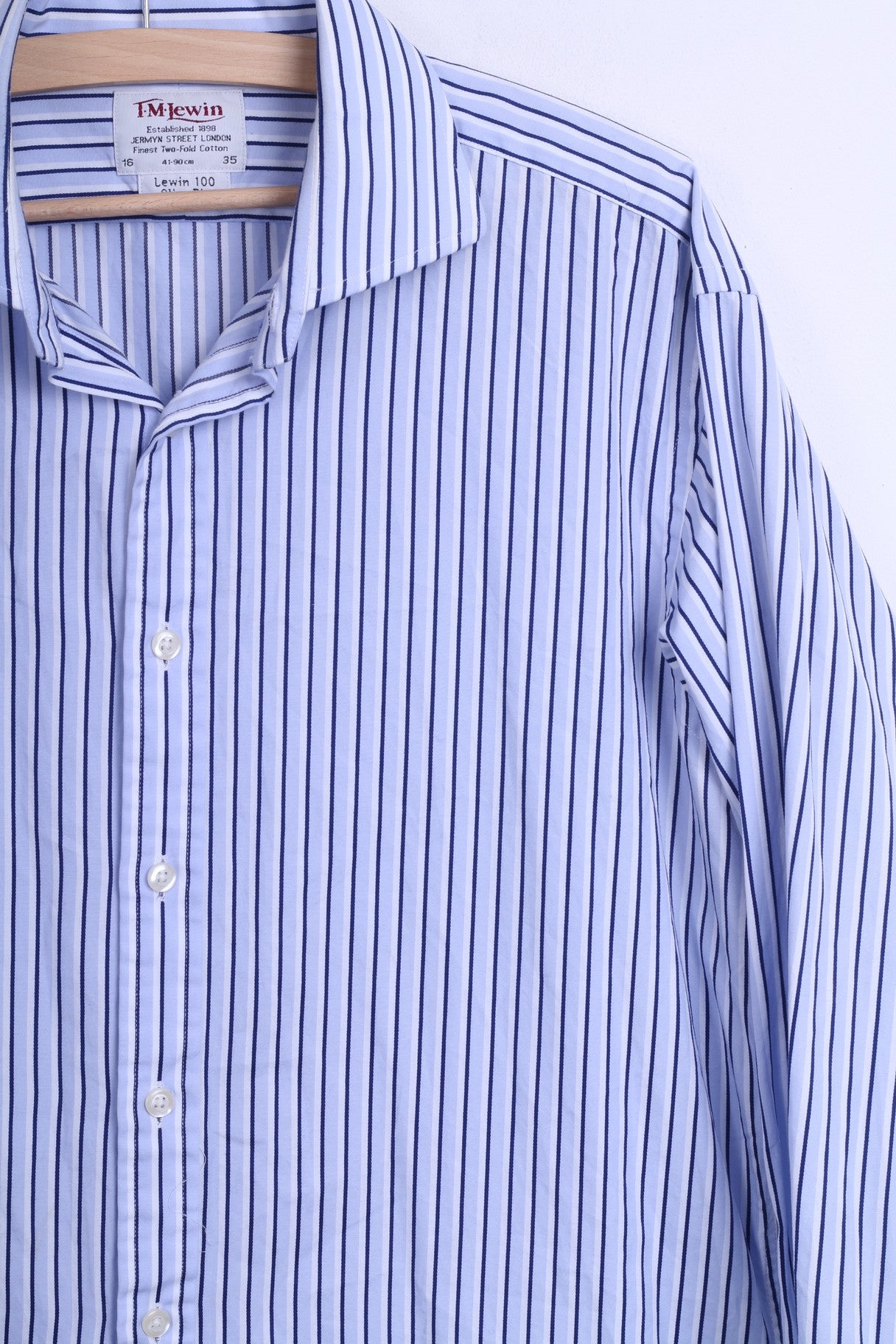 T.M. Lewin Mens 16/35 L Casual Shirt Striped Blue Slim Fit Cotton - RetrospectClothes