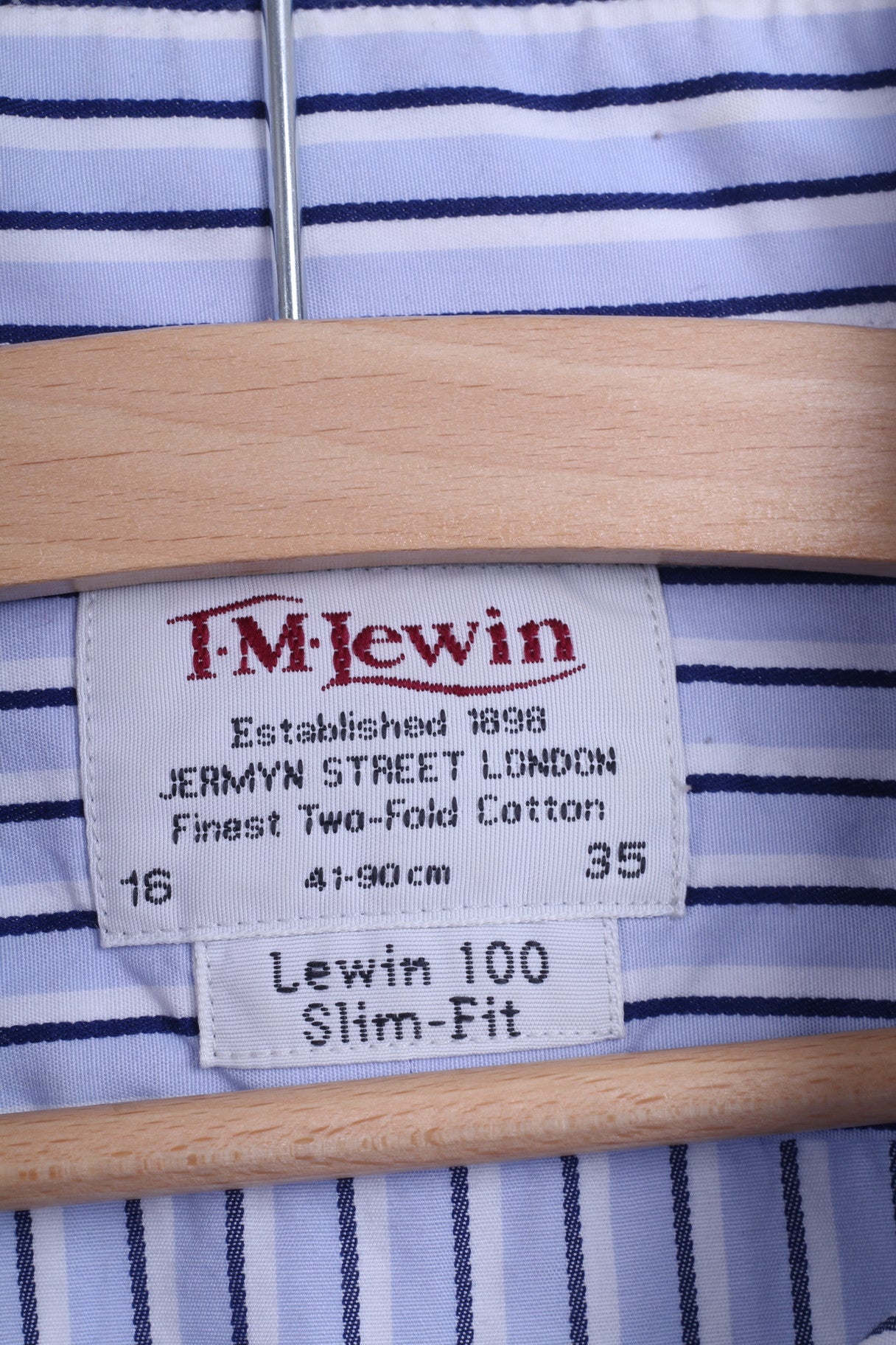 T.M. Lewin Mens 16/35 L Casual Shirt Striped Blue Slim Fit Cotton - RetrospectClothes