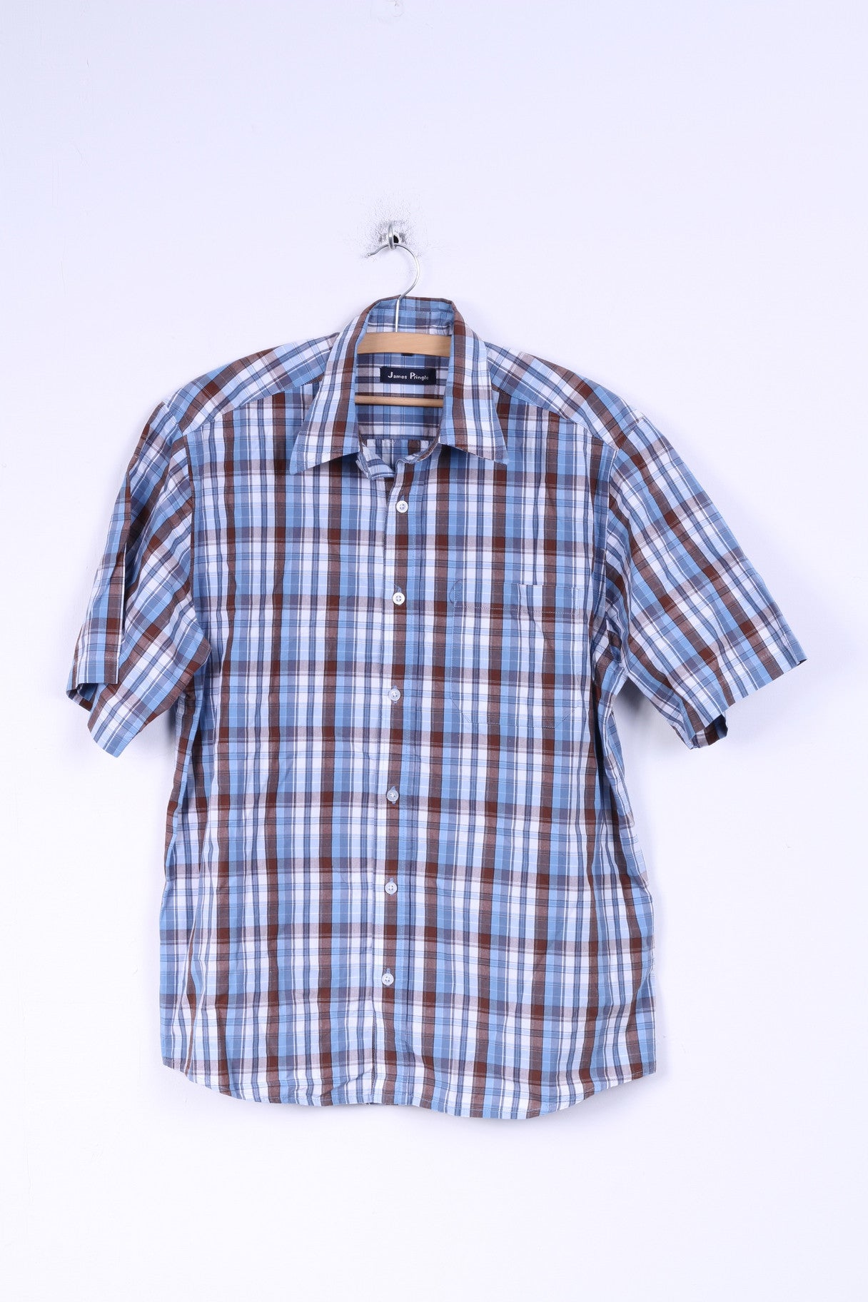 James Pringle Camicia casual da uomo M a maniche corte a quadri in cotone blu
